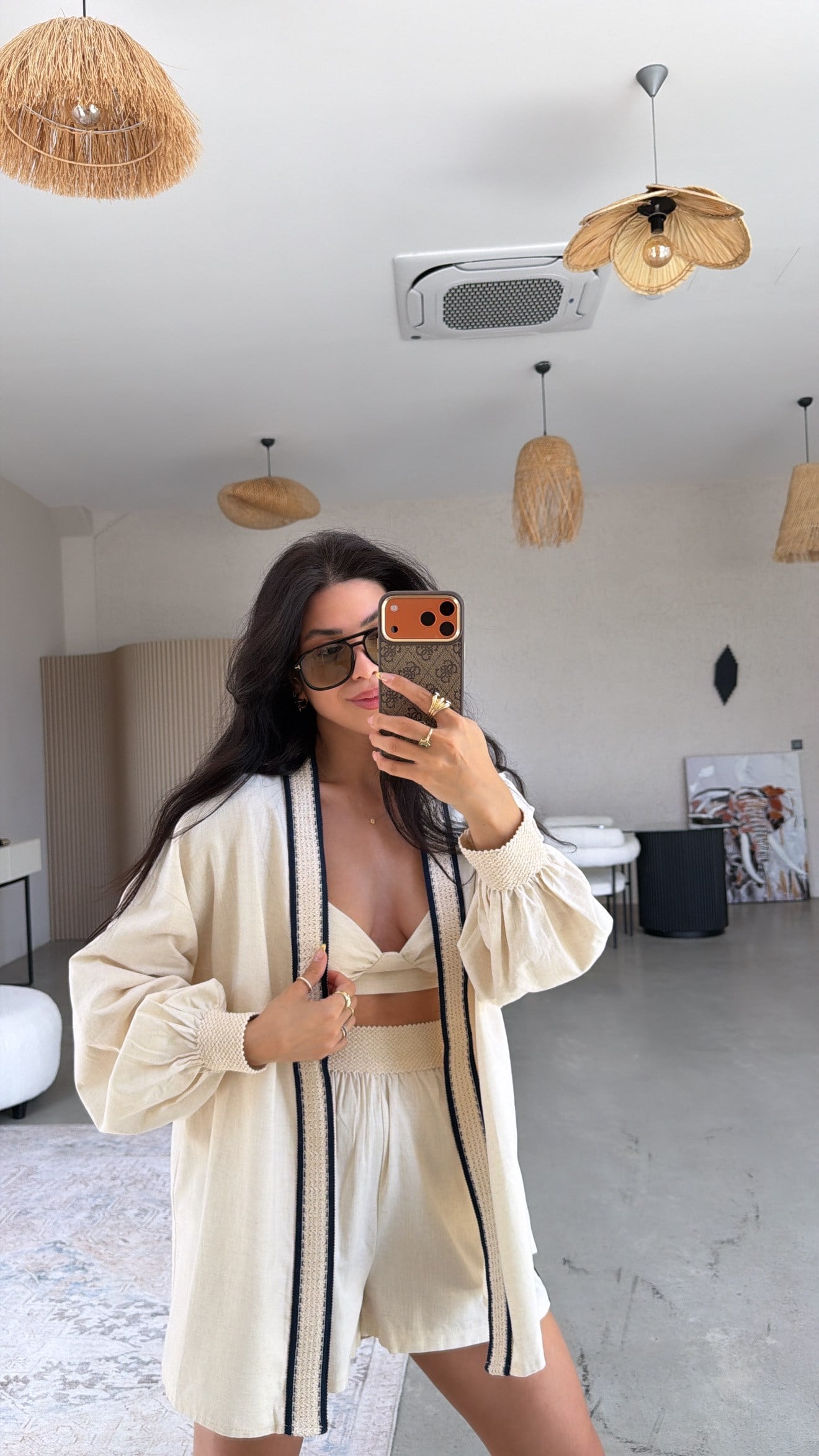 Şerit Detaylı Üçlü Premium Şort Büstiyer Kimono Takım