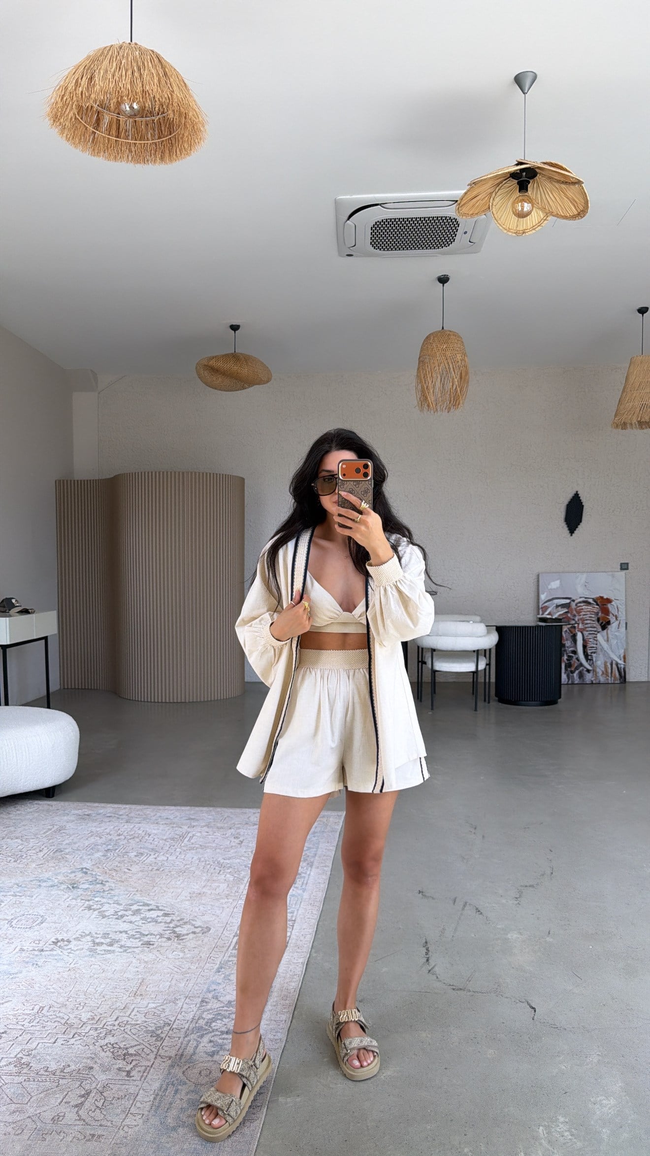 Şerit Detaylı Üçlü Premium Şort Büstiyer Kimono Takım