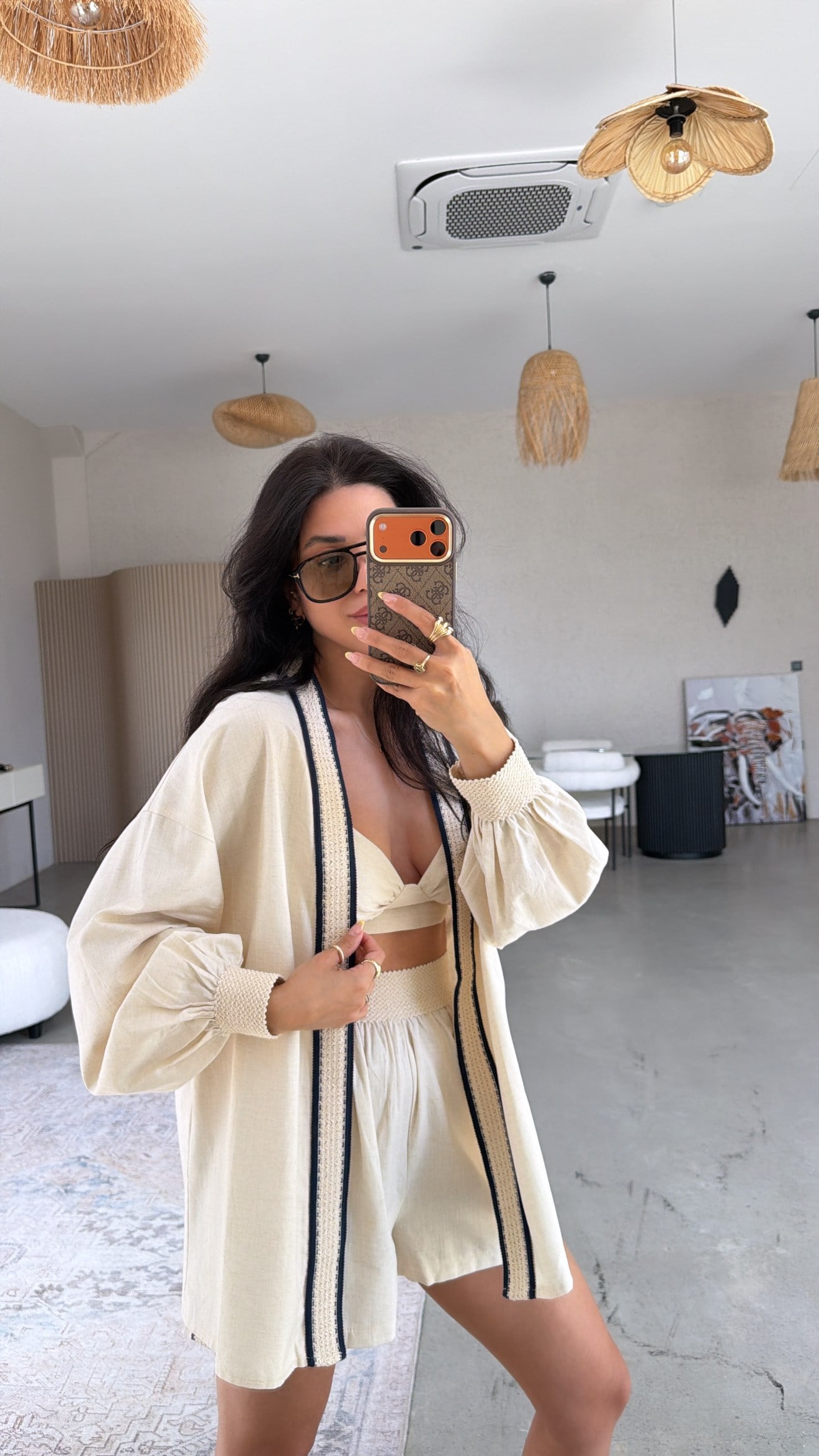 Şerit Detaylı Üçlü Premium Şort Büstiyer Kimono Takım