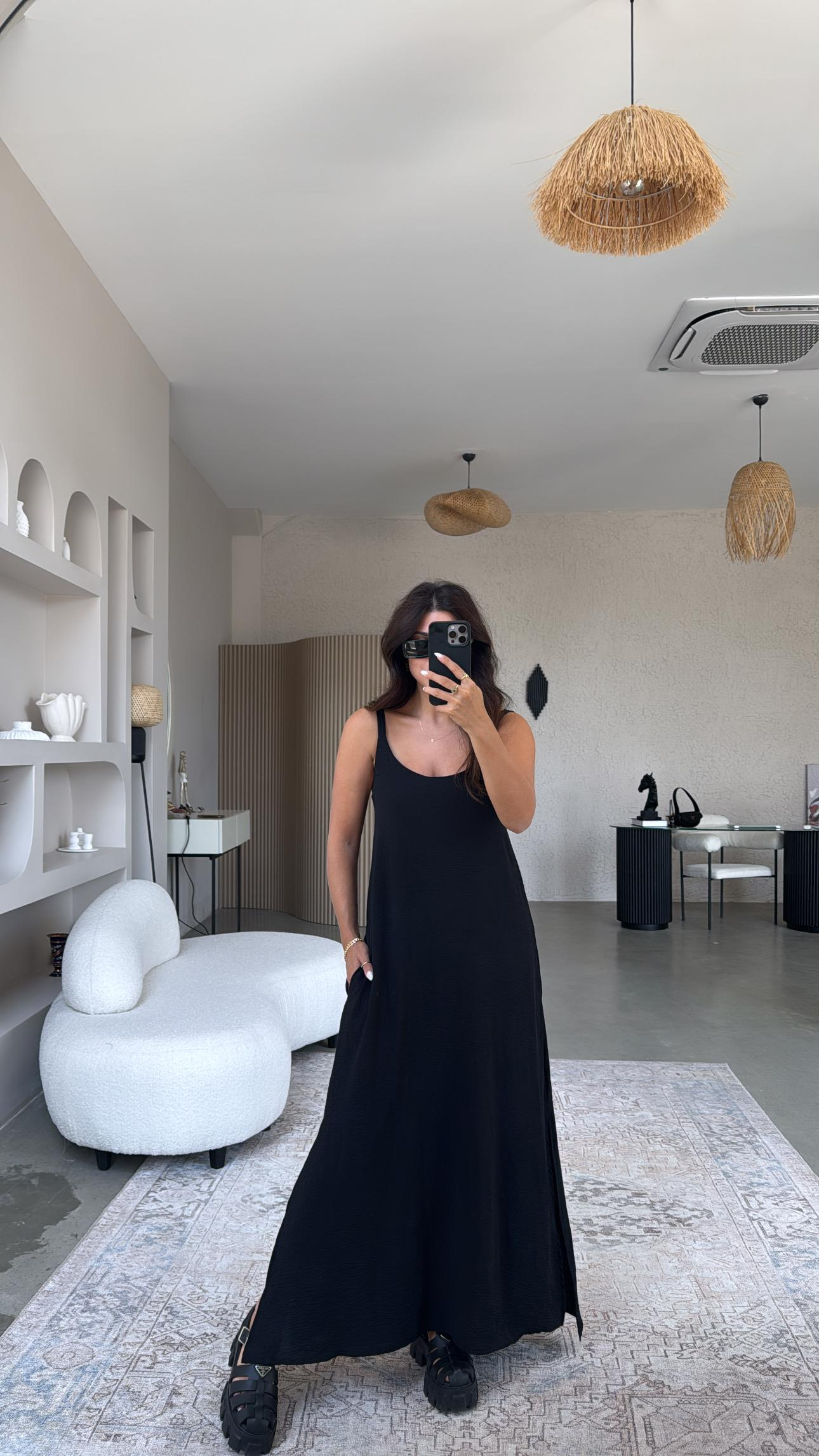 Siyah Aerobin Askılı Mavi Elbise