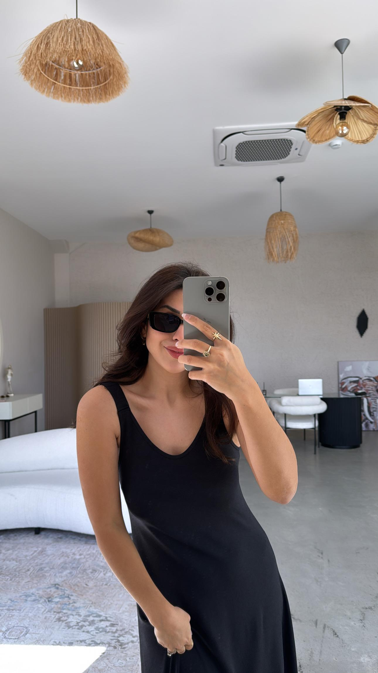 Siyah Askıları Lastikli Pike Modal Elbise