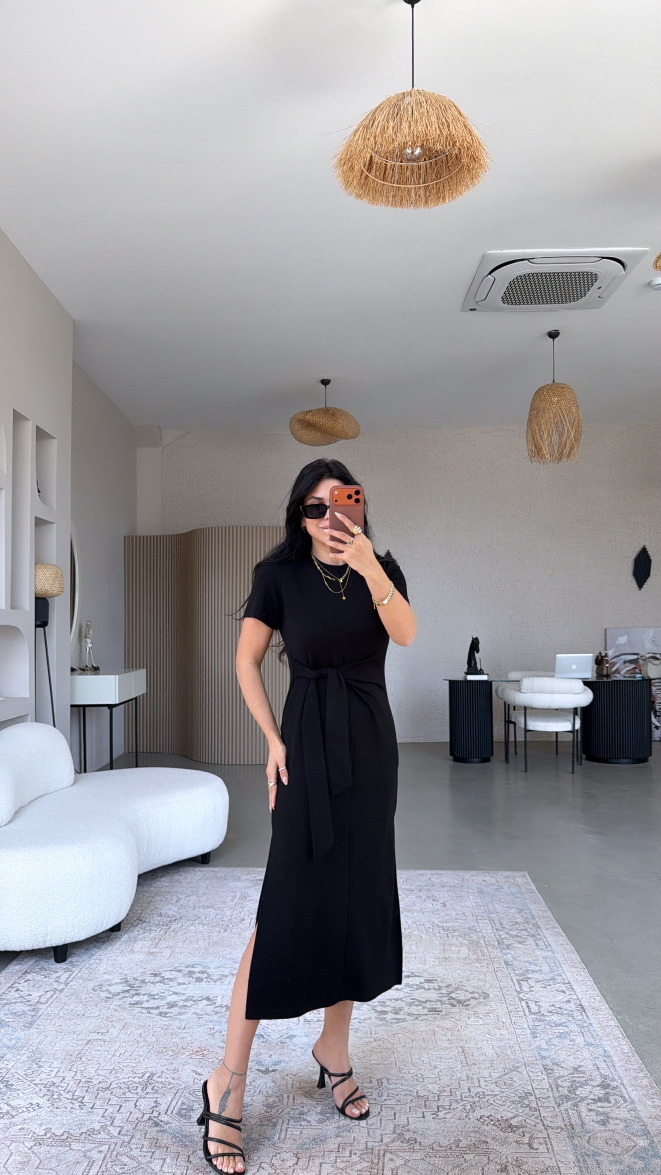 Siyah Bağlamalı Kısa Kol Modal Elbise