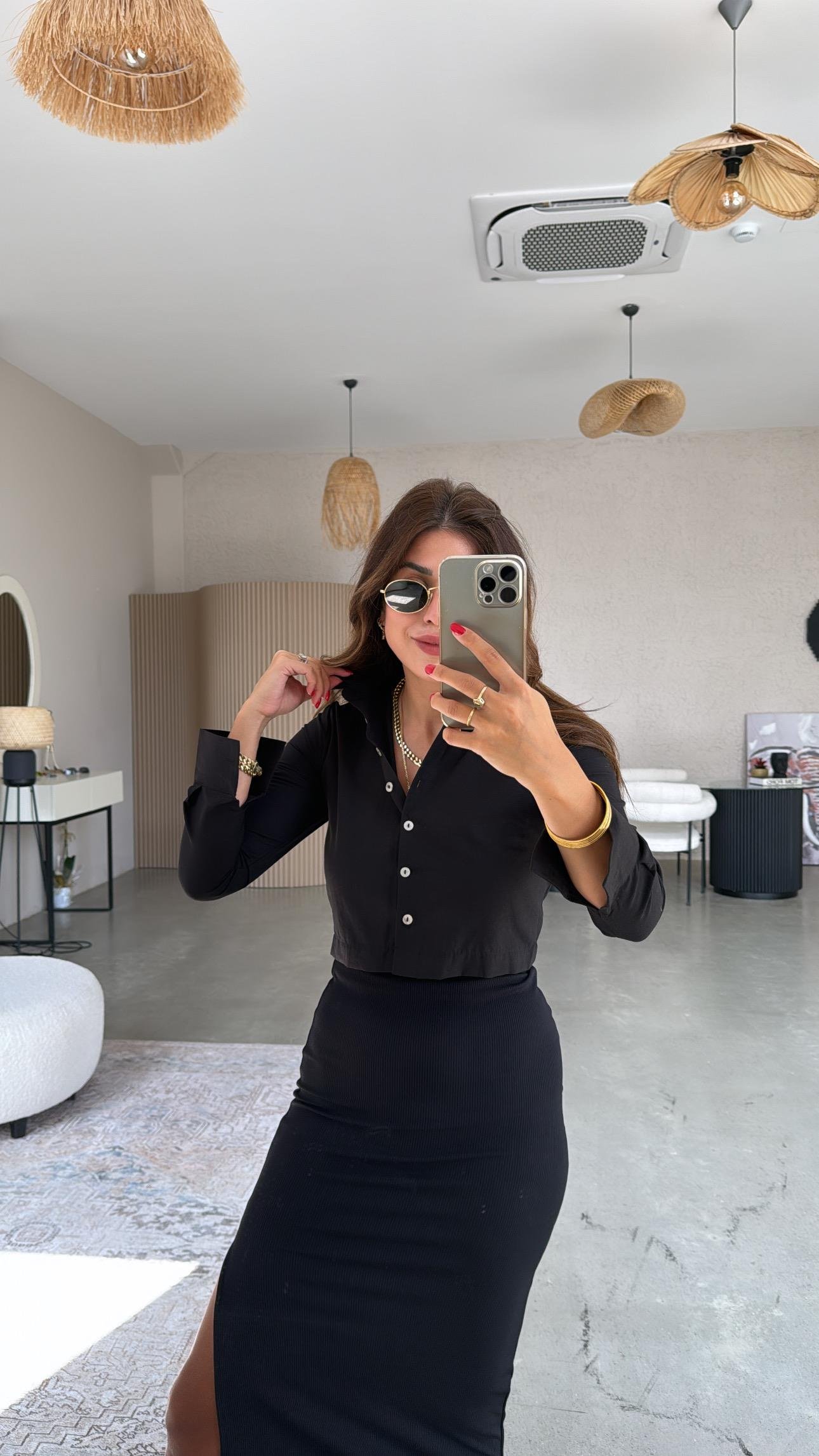 Siyah Basic Crop Gömlek