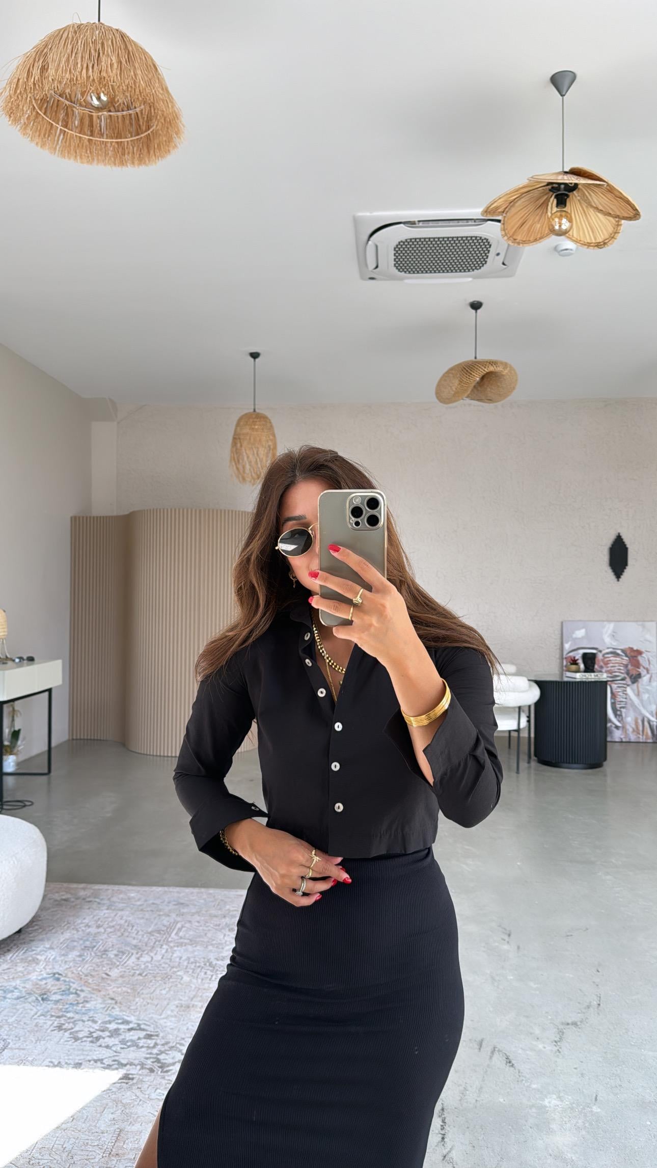 Siyah Basic Crop Gömlek