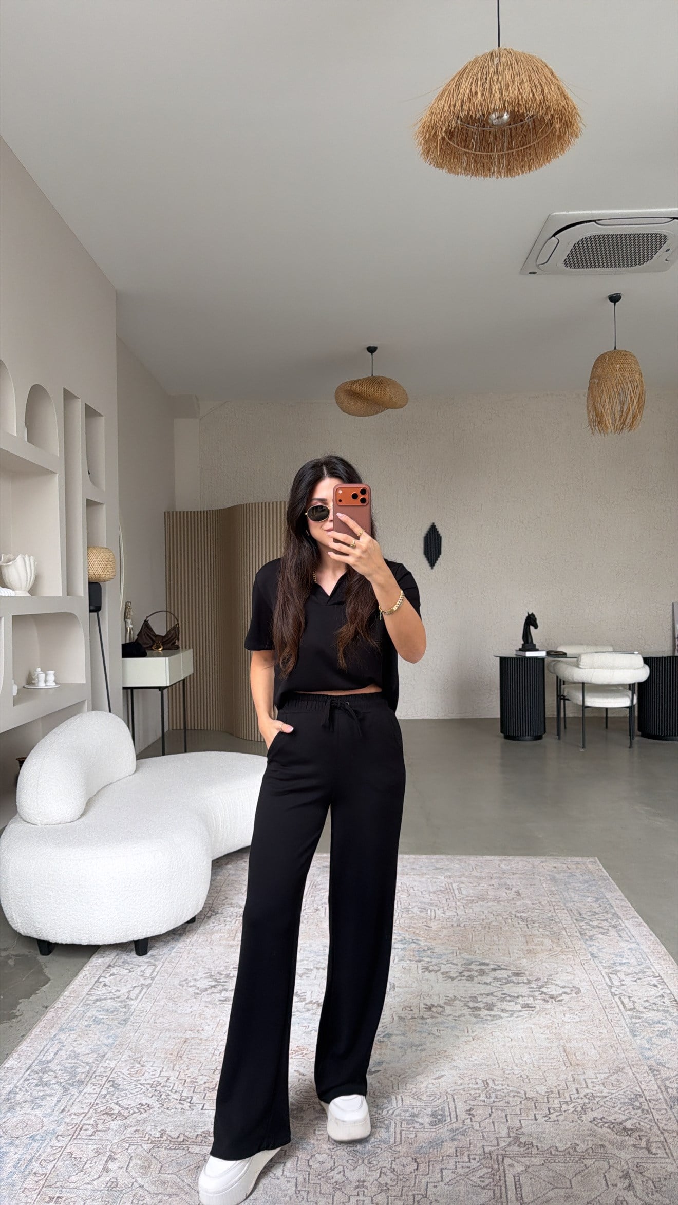 Siyah Basic Modal Kumaş Yakalı Bol Paça Takım