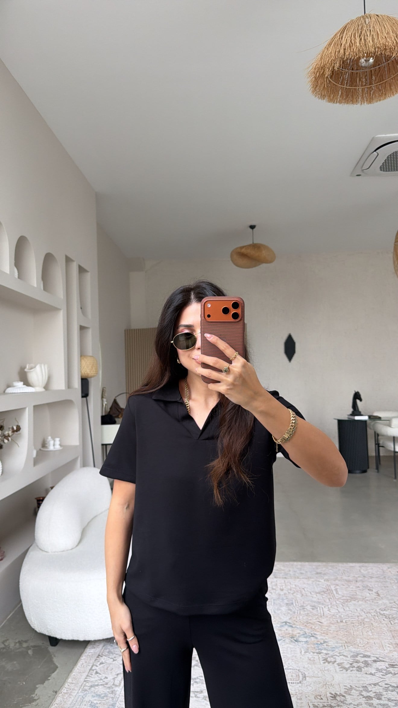 Siyah Basic Modal Kumaş Yakalı Bol Paça Takım