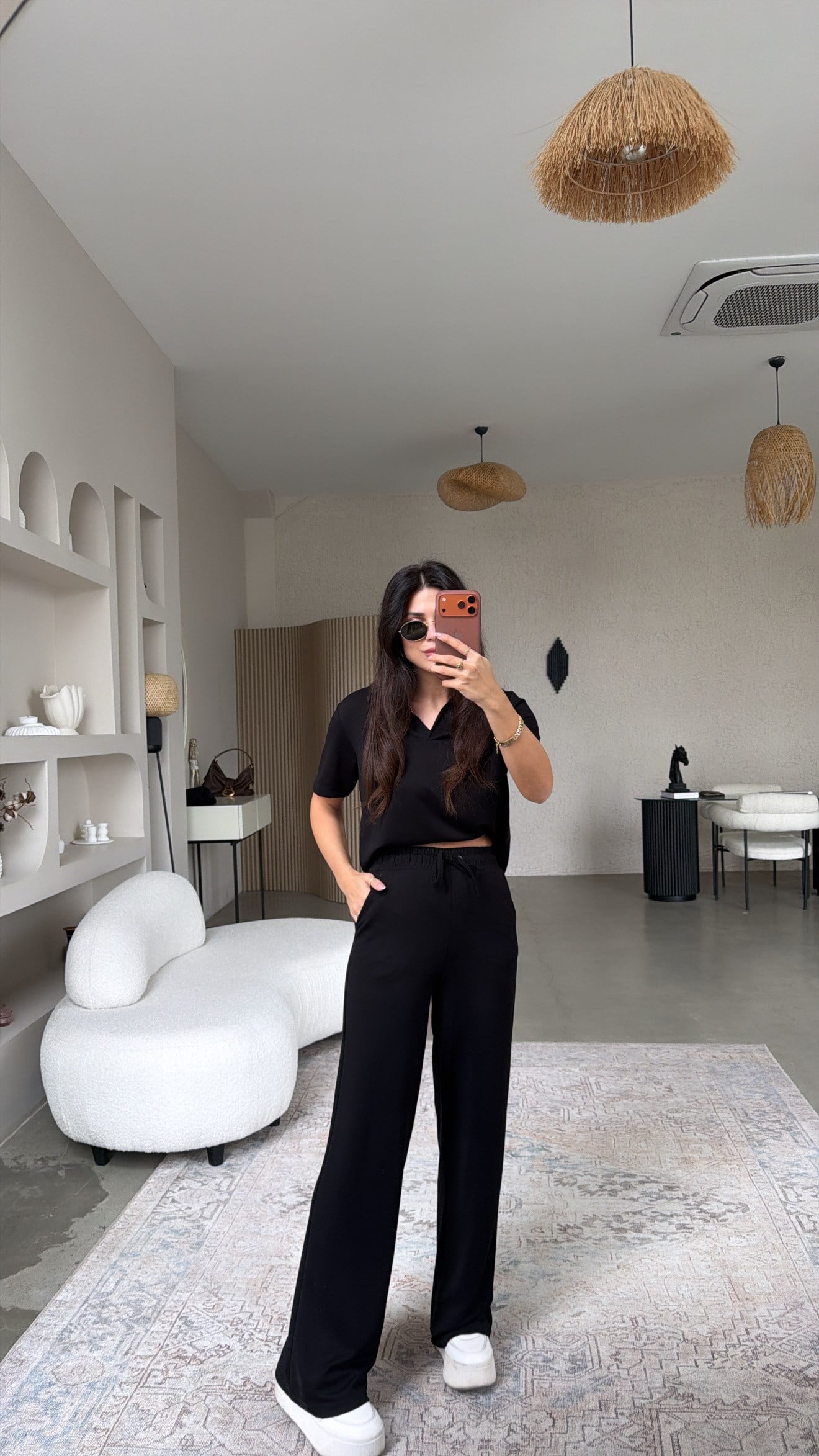 Siyah Basic Modal Kumaş Yakalı Bol Paça Takım