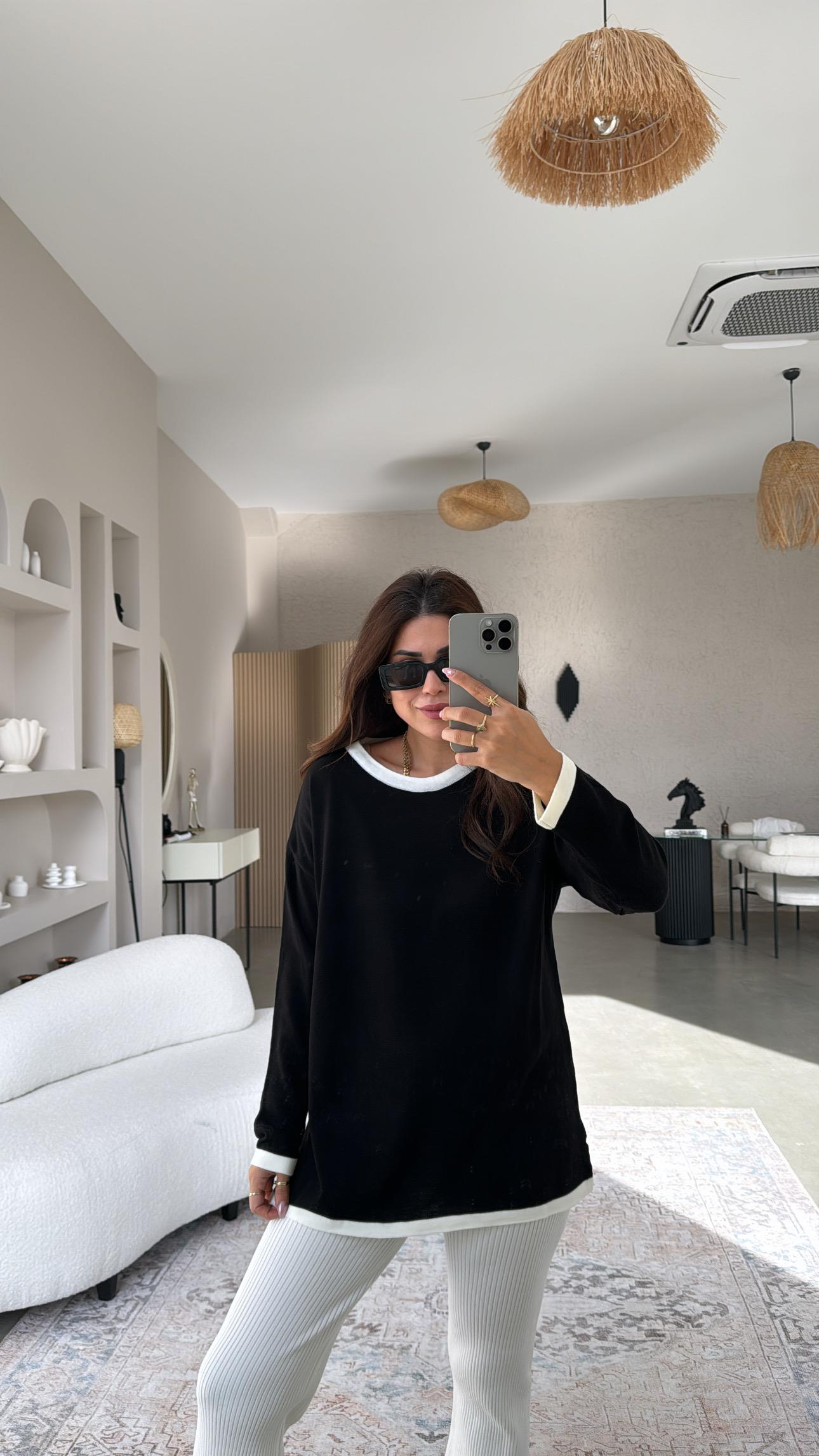 Siyah Beyaz Biyeli Triko