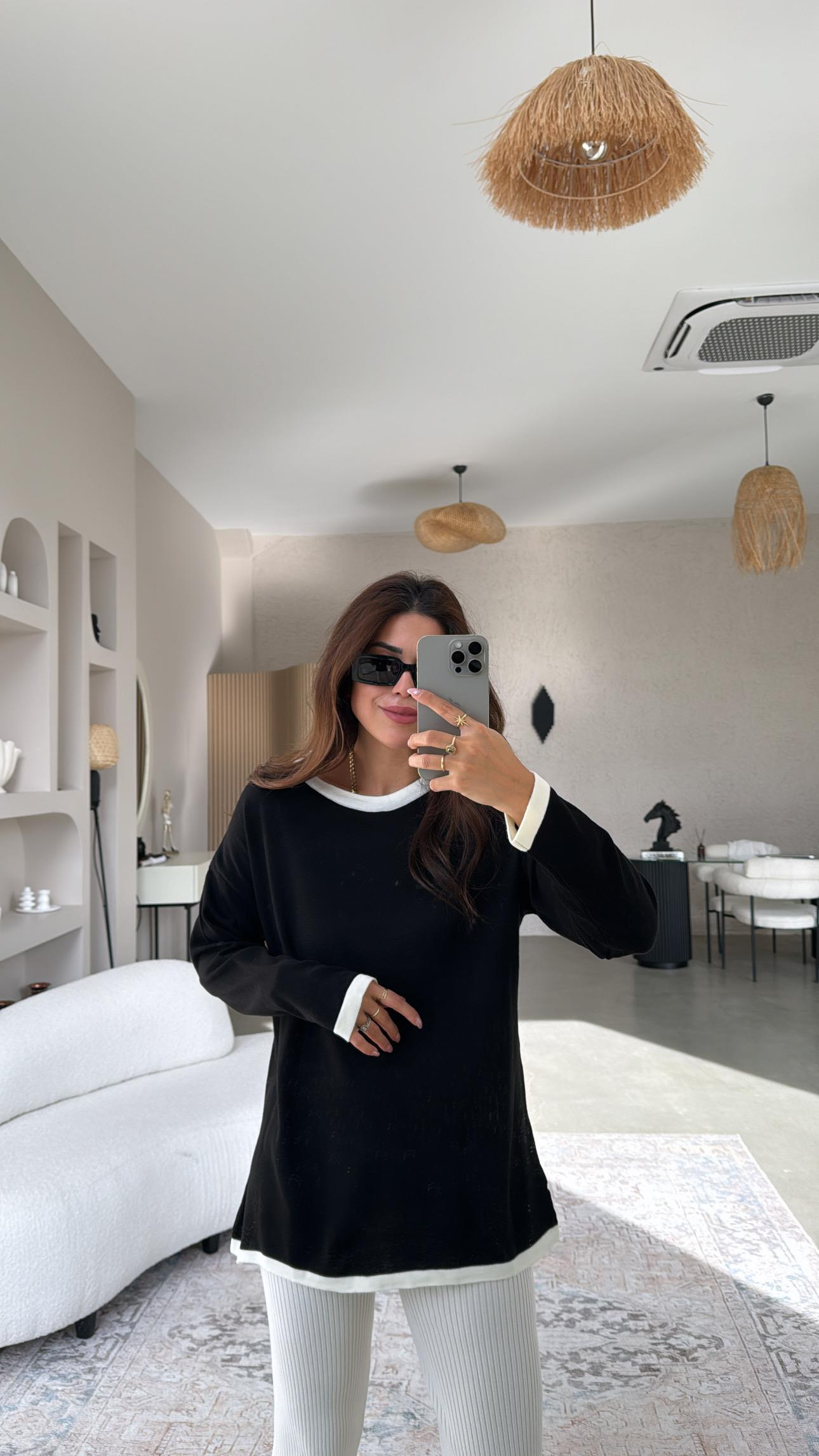 Siyah Beyaz Biyeli Triko