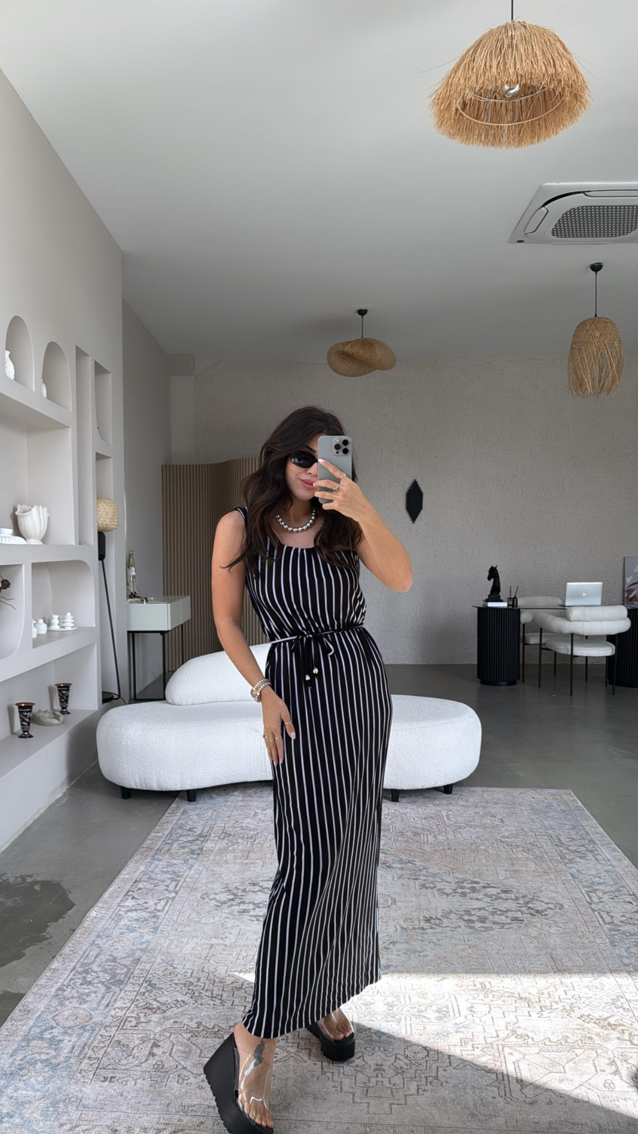 Siyah Çizgili Viskon Basic Elbise