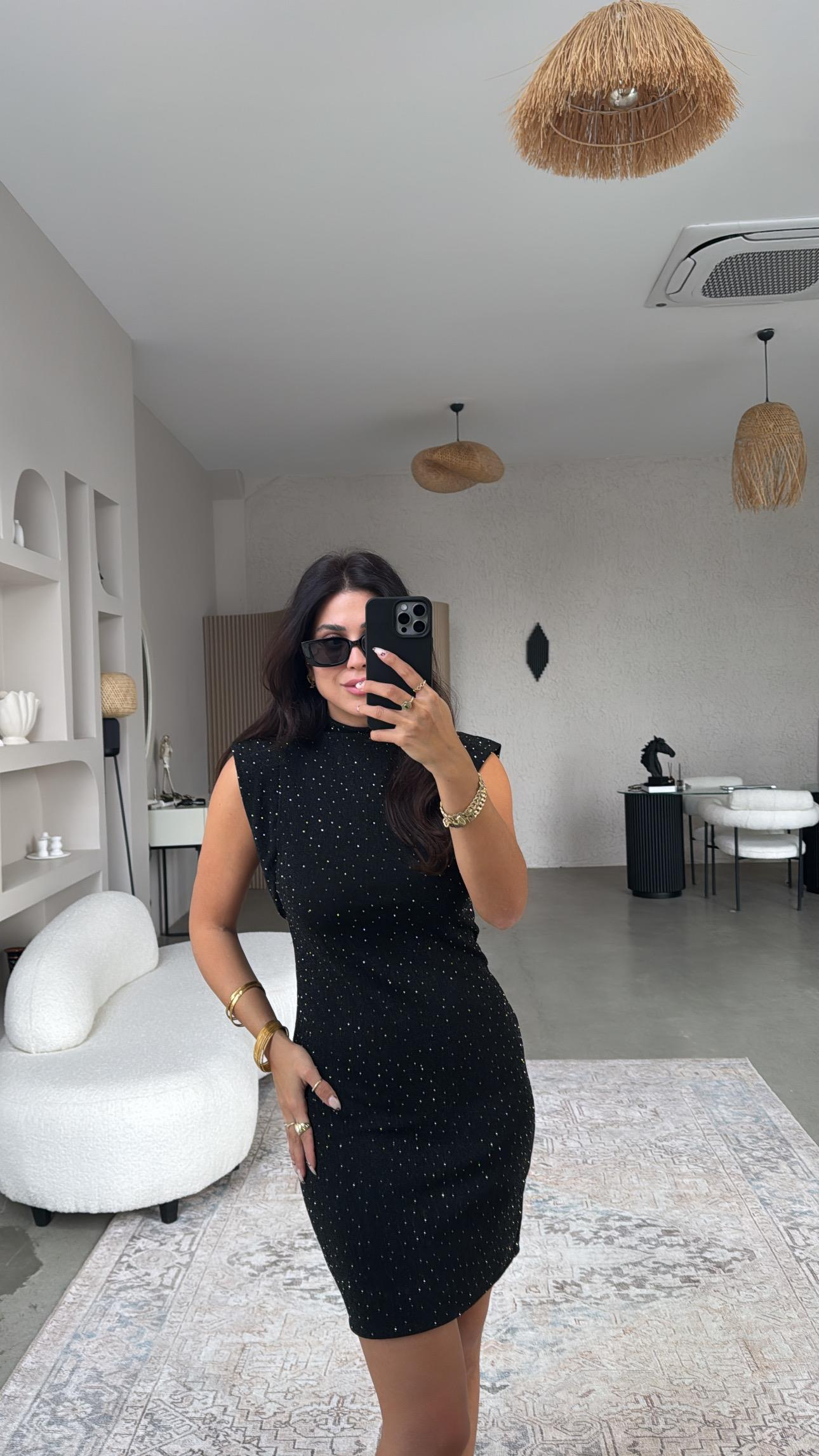 Siyah Dik Yaka Taşlı Elbise