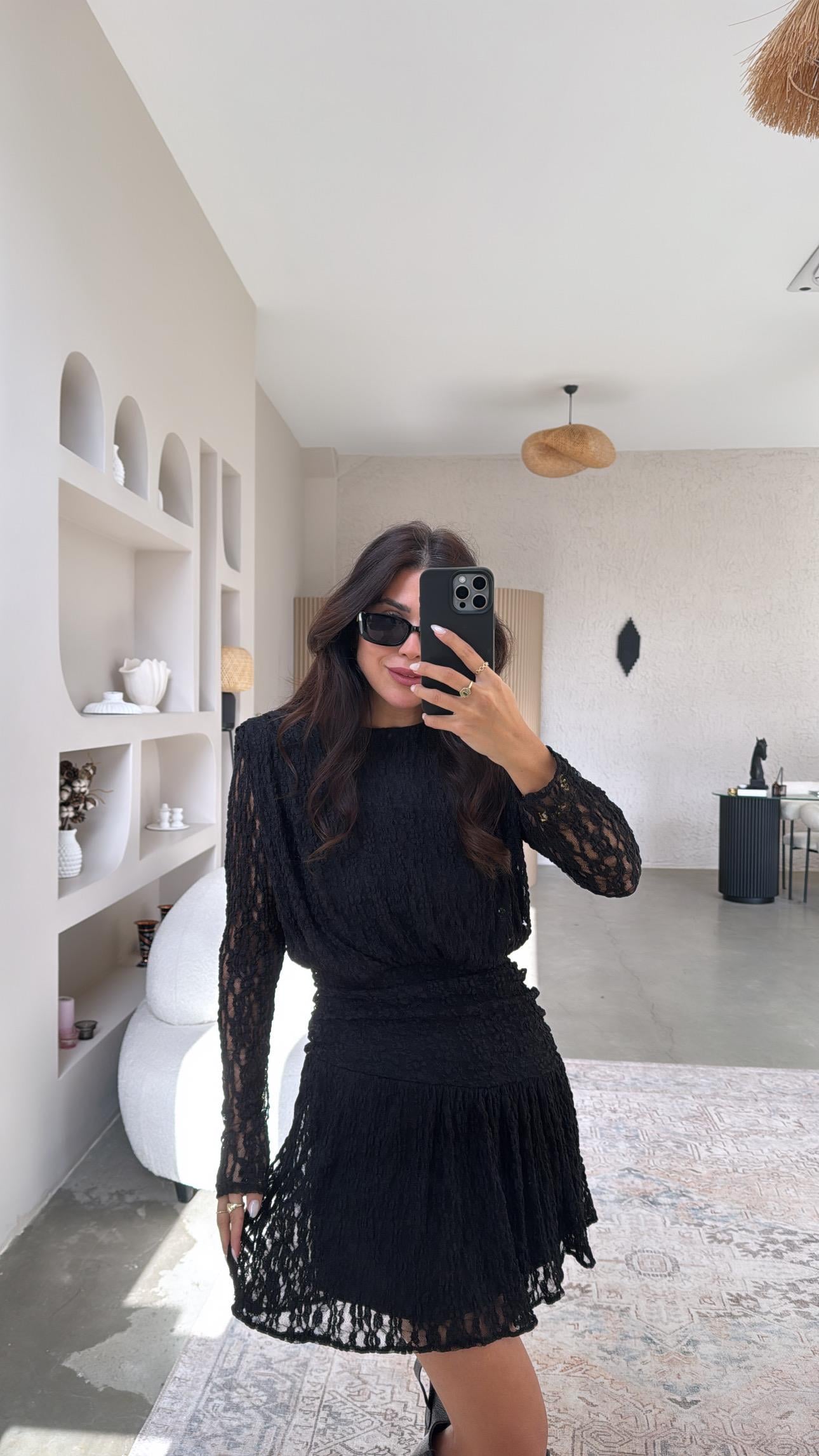 Siyah Drape Detaylı Dantel Elbise