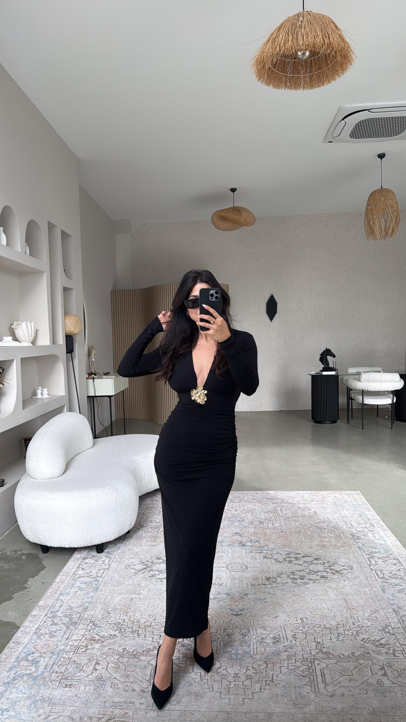 Siyah Gold Tokalı Sandy Elbise