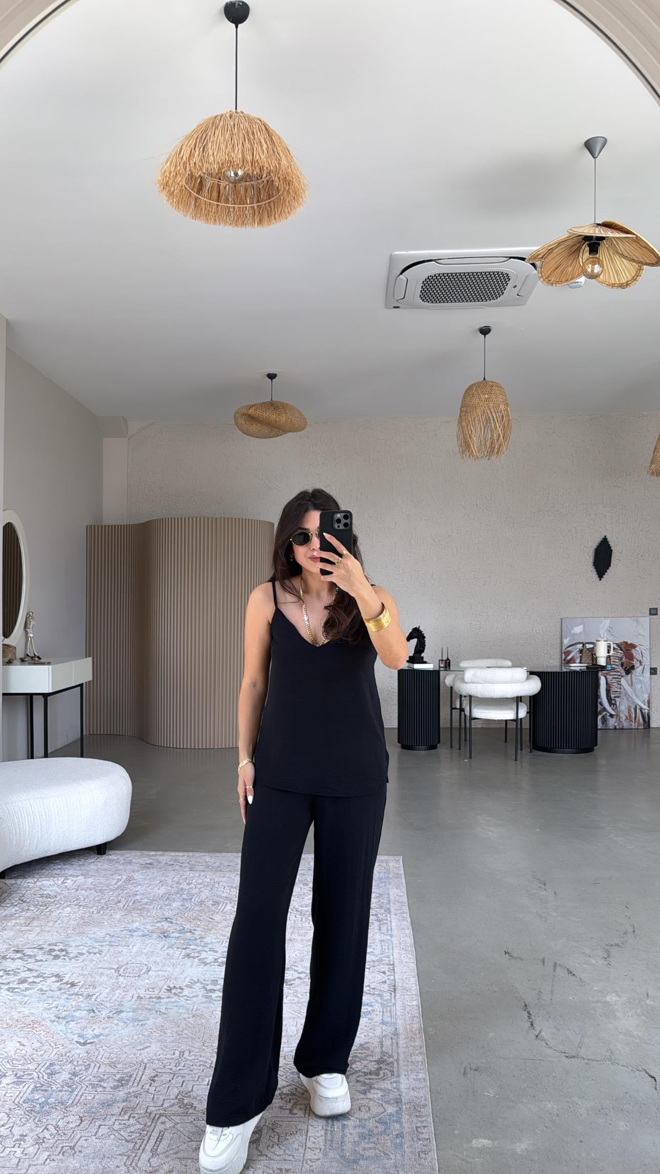 Siyah İp Askılı Basic Tiril Takım