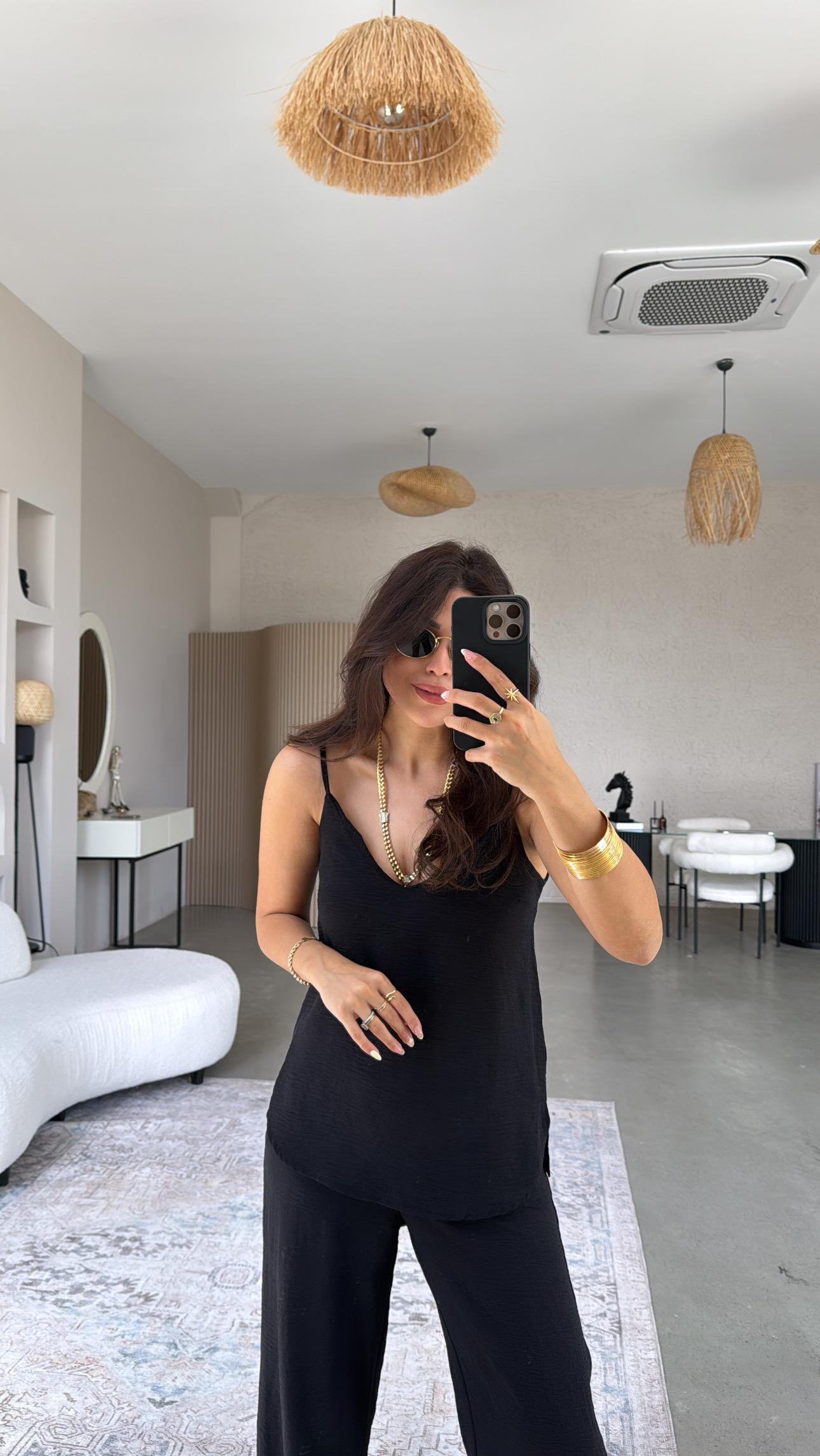 Siyah İp Askılı Basic Tiril Takım