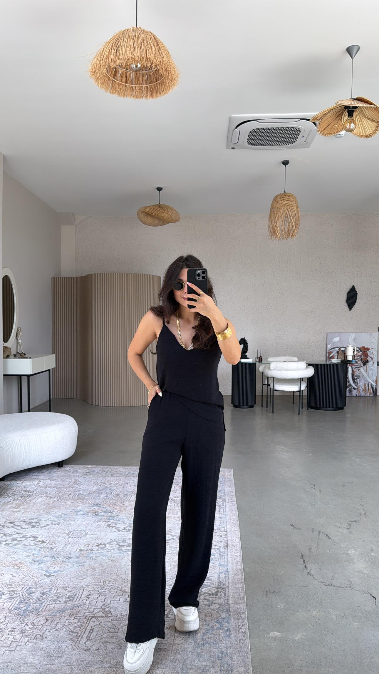 Siyah İp Askılı Basic Tiril Takım