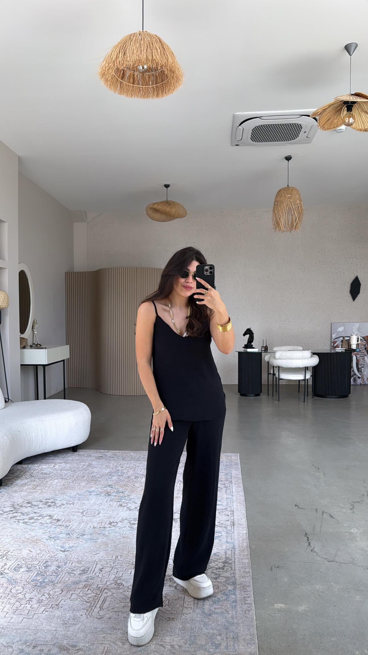 Siyah İp Askılı Basic Tiril Takım