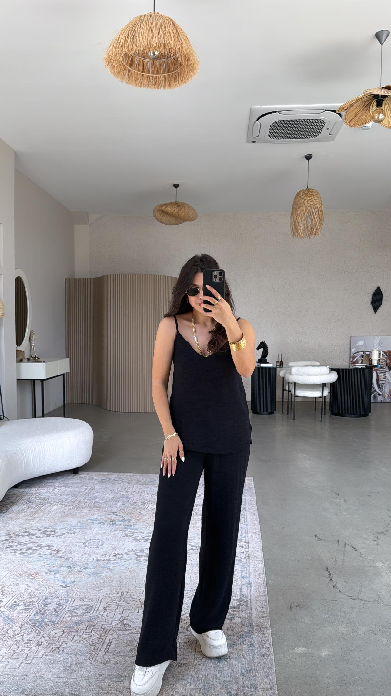 Siyah İp Askılı Basic Tiril Takım