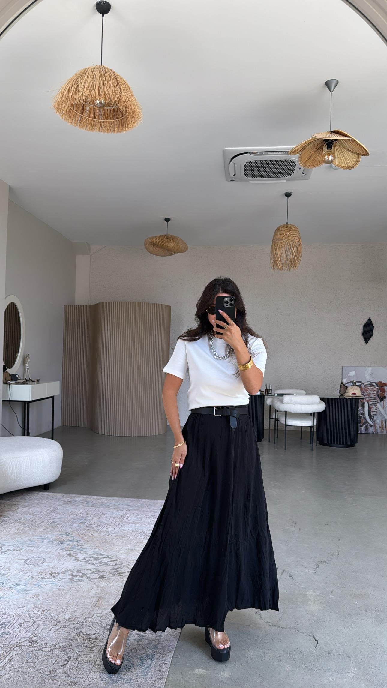 Siyah Kırışık Modal Dokuma Etek