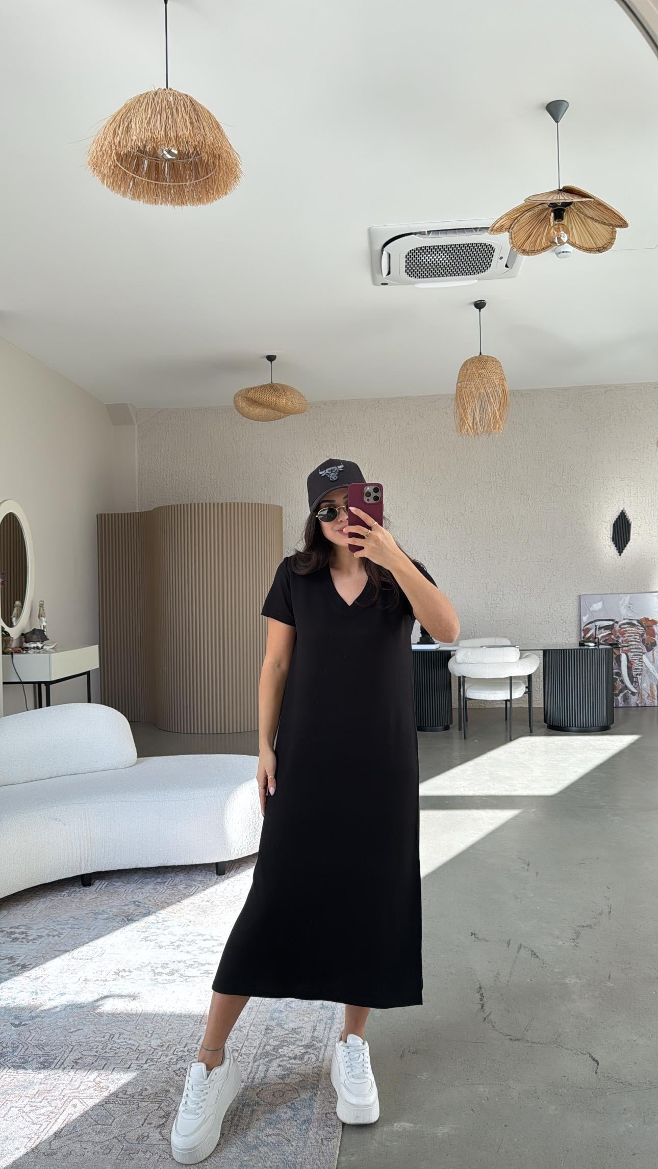 Siyah Kısa Kol V Yaka Basic Elbise