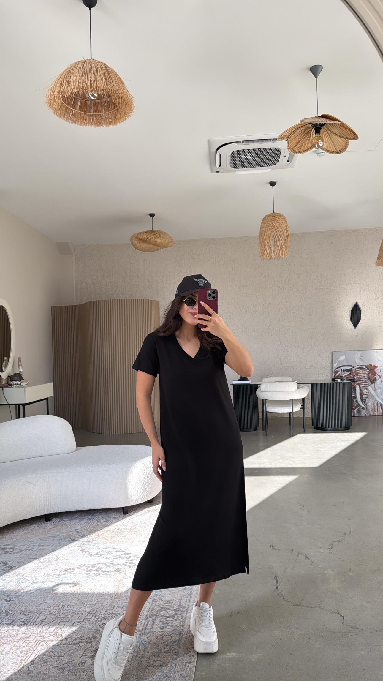 Siyah Kısa Kol V Yaka Basic Elbise