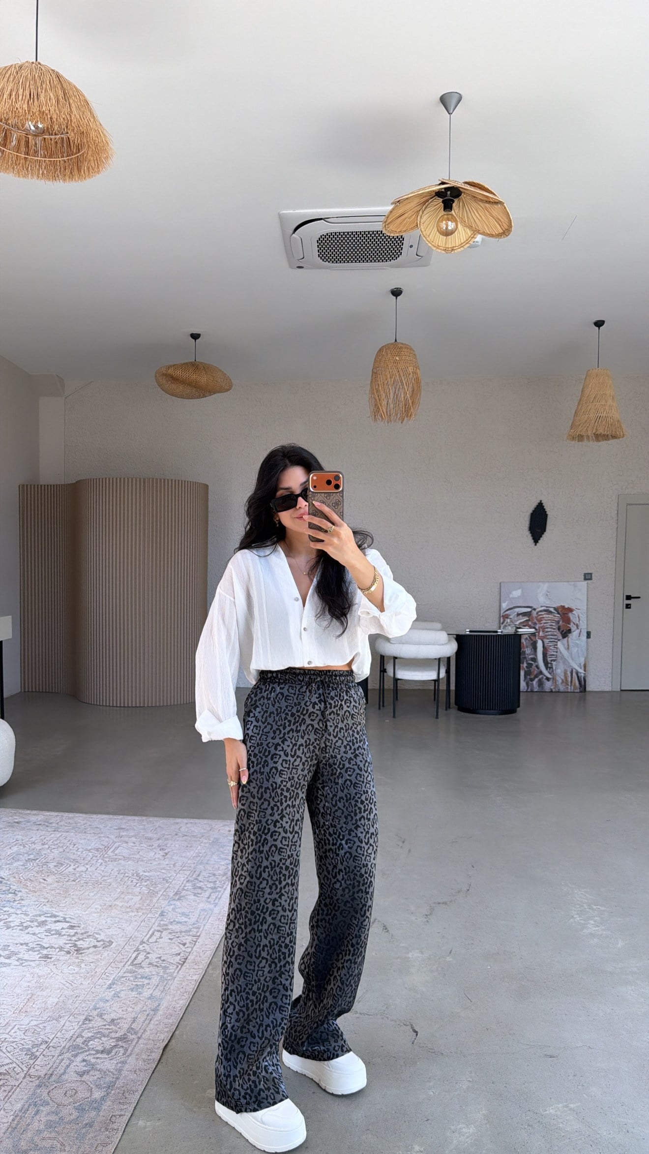Siyah Leoparlı Saten Pantolon