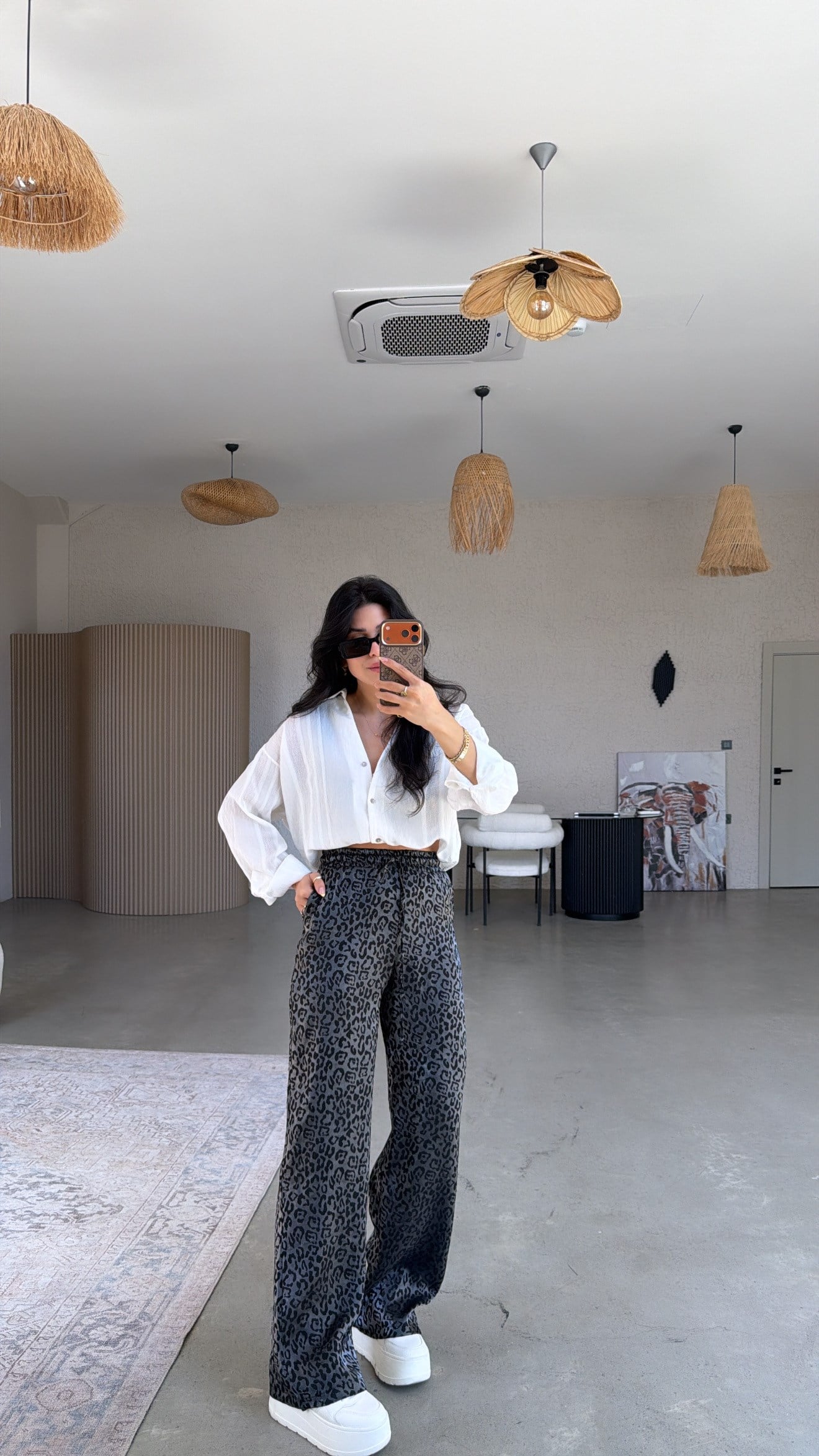 Siyah Leoparlı Saten Pantolon