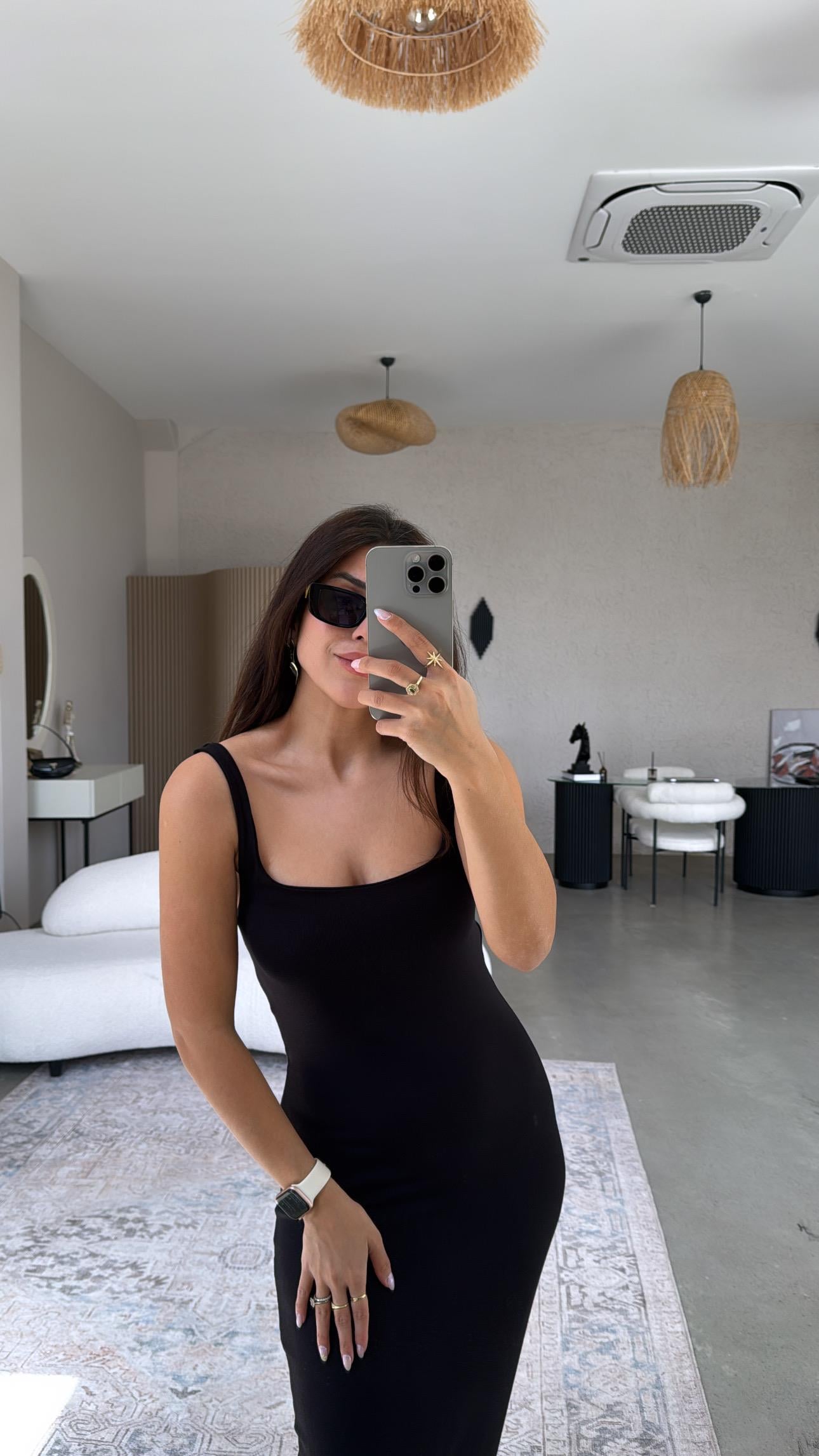 Siyah Modal Kare Yaka Kalın Askı Basic Elbise