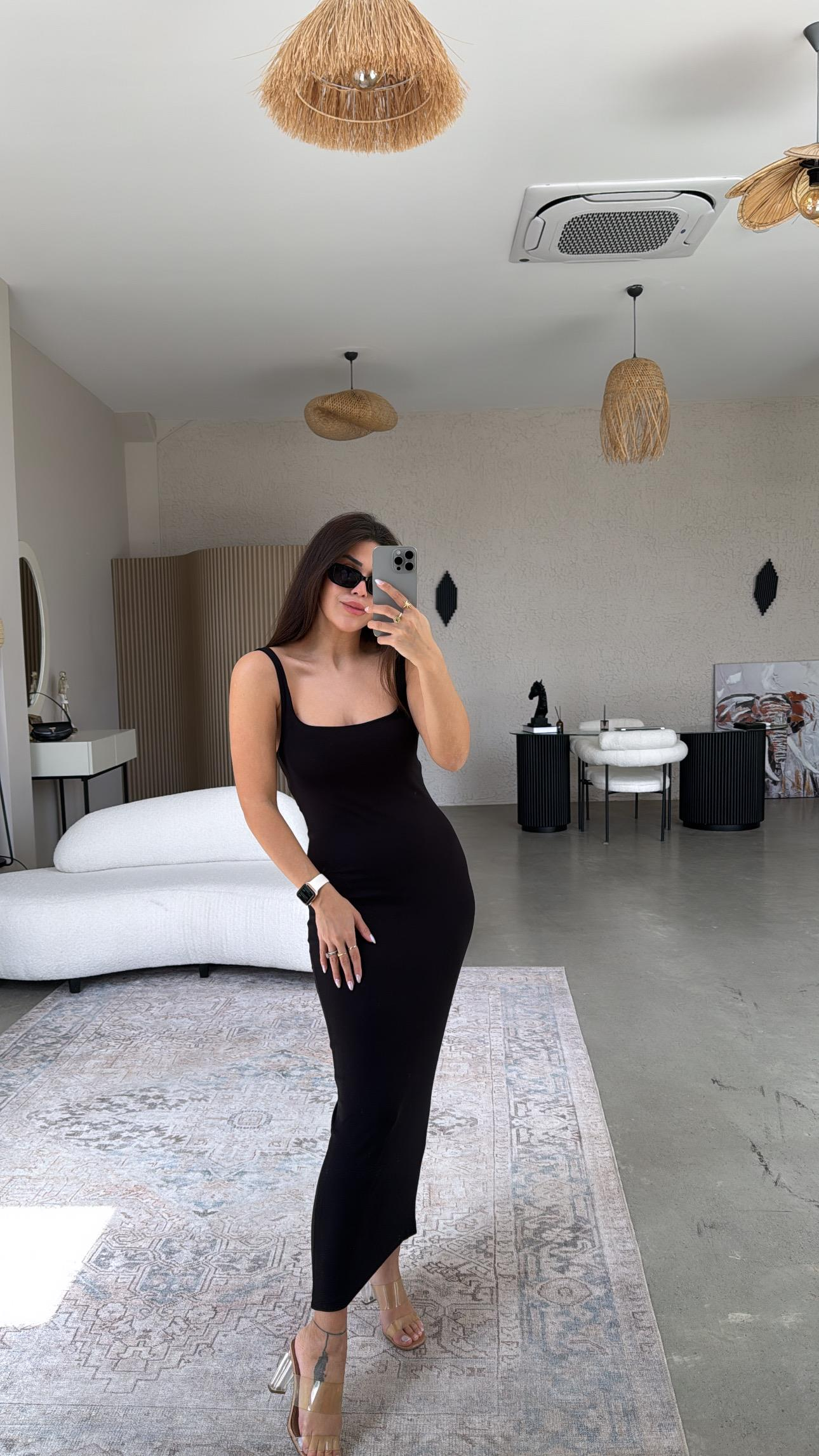 Siyah Modal Kare Yaka Kalın Askı Basic Elbise