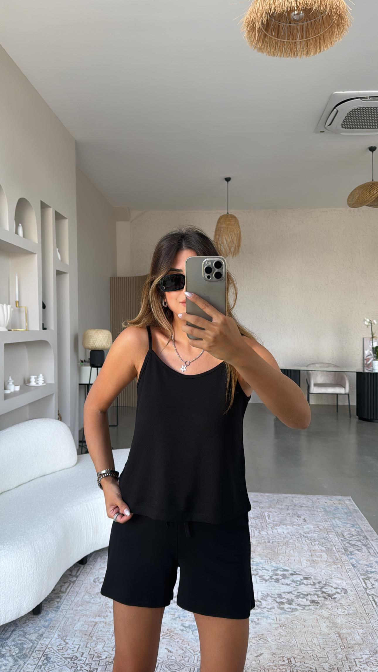 Siyah Pike Modal Şort Bluz Takım