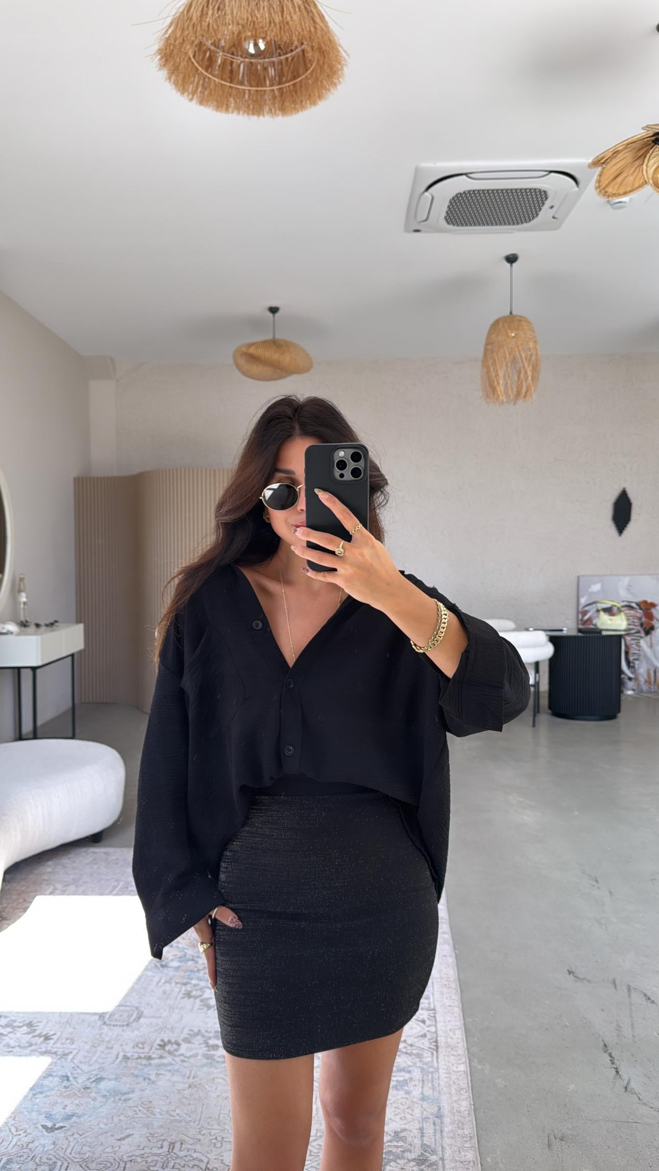 Siyah Pırıltılı Toparlayıcı Mini Etek