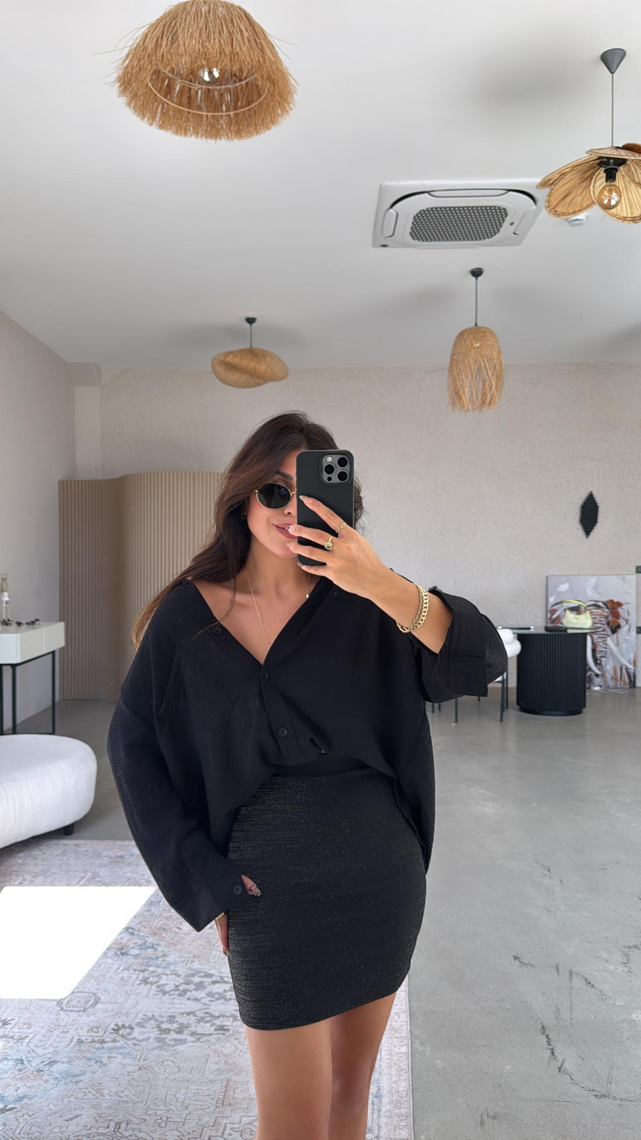 Siyah Pırıltılı Toparlayıcı Mini Etek