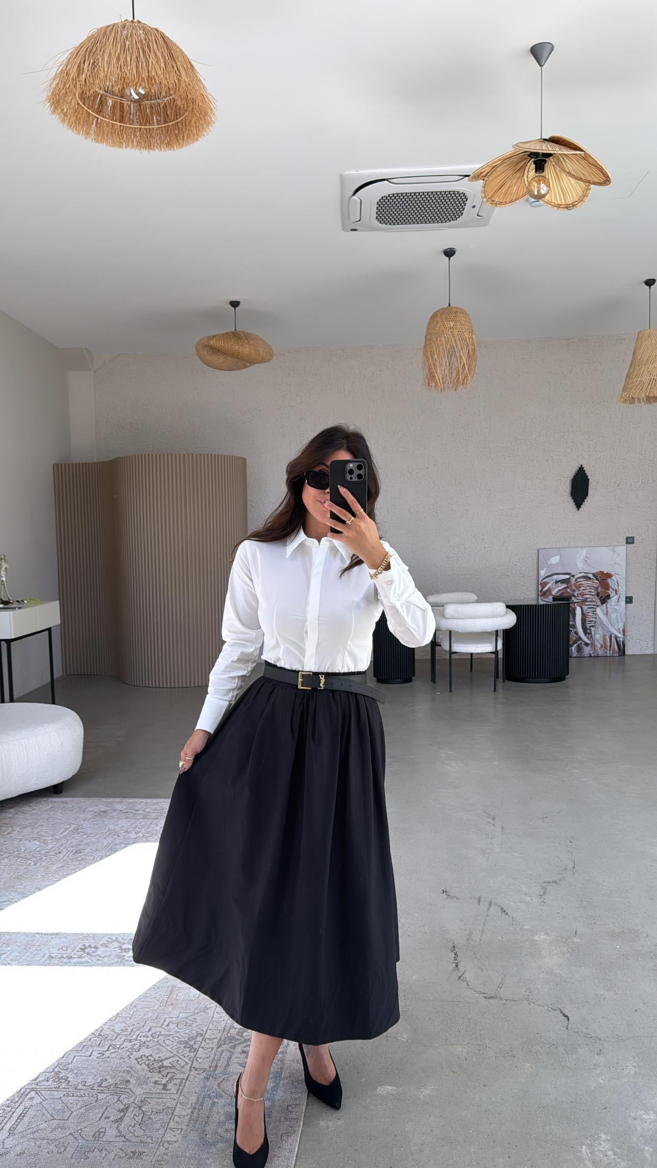 Siyah Poplin Midi Etek
