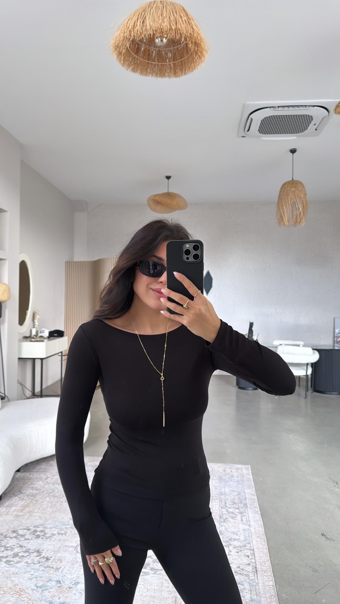 Siyah Pyr Uzun Kol Basic Bluz