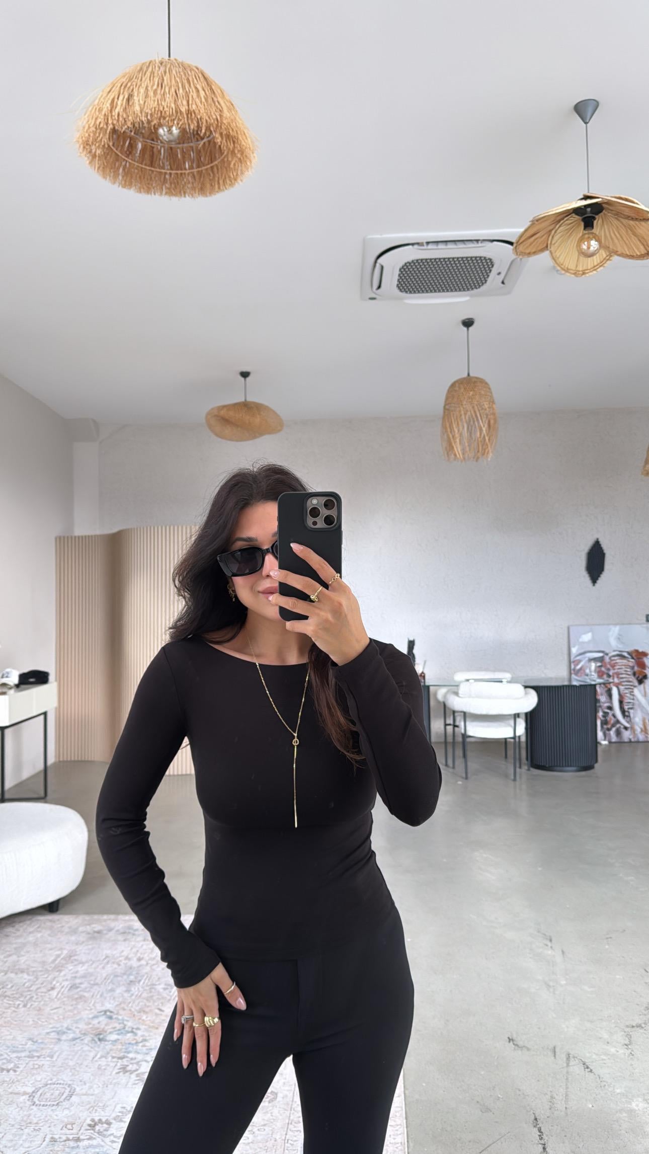 Siyah Pyr Uzun Kol Basic Bluz