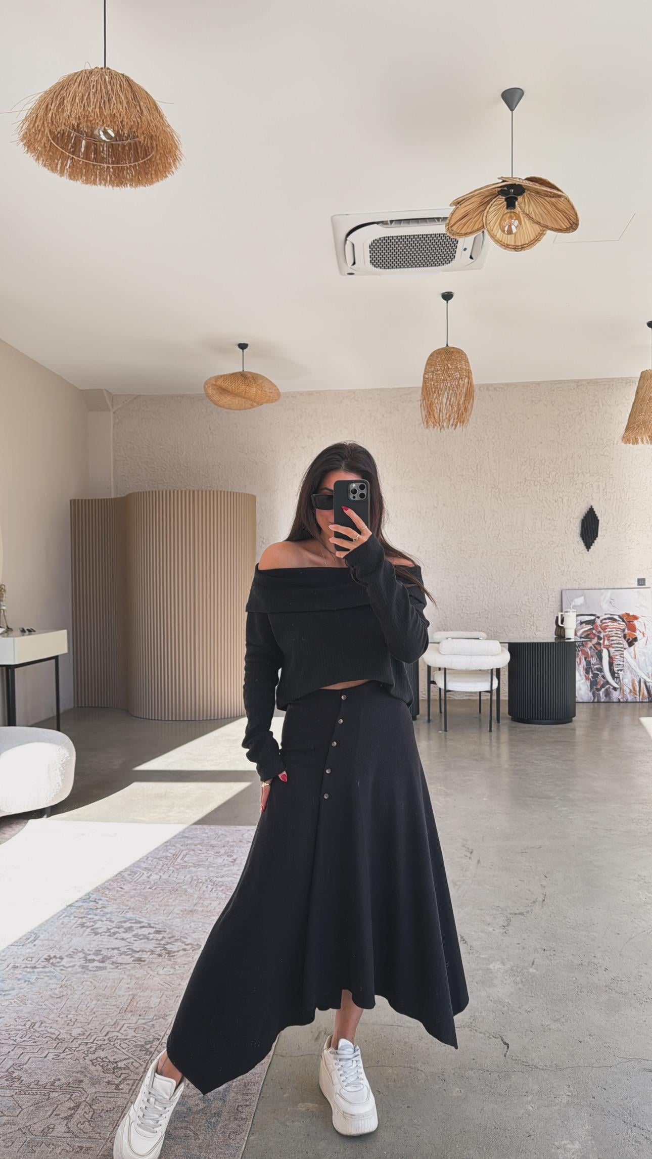 Siyah Selanik ZR Model Düğmeli Etek