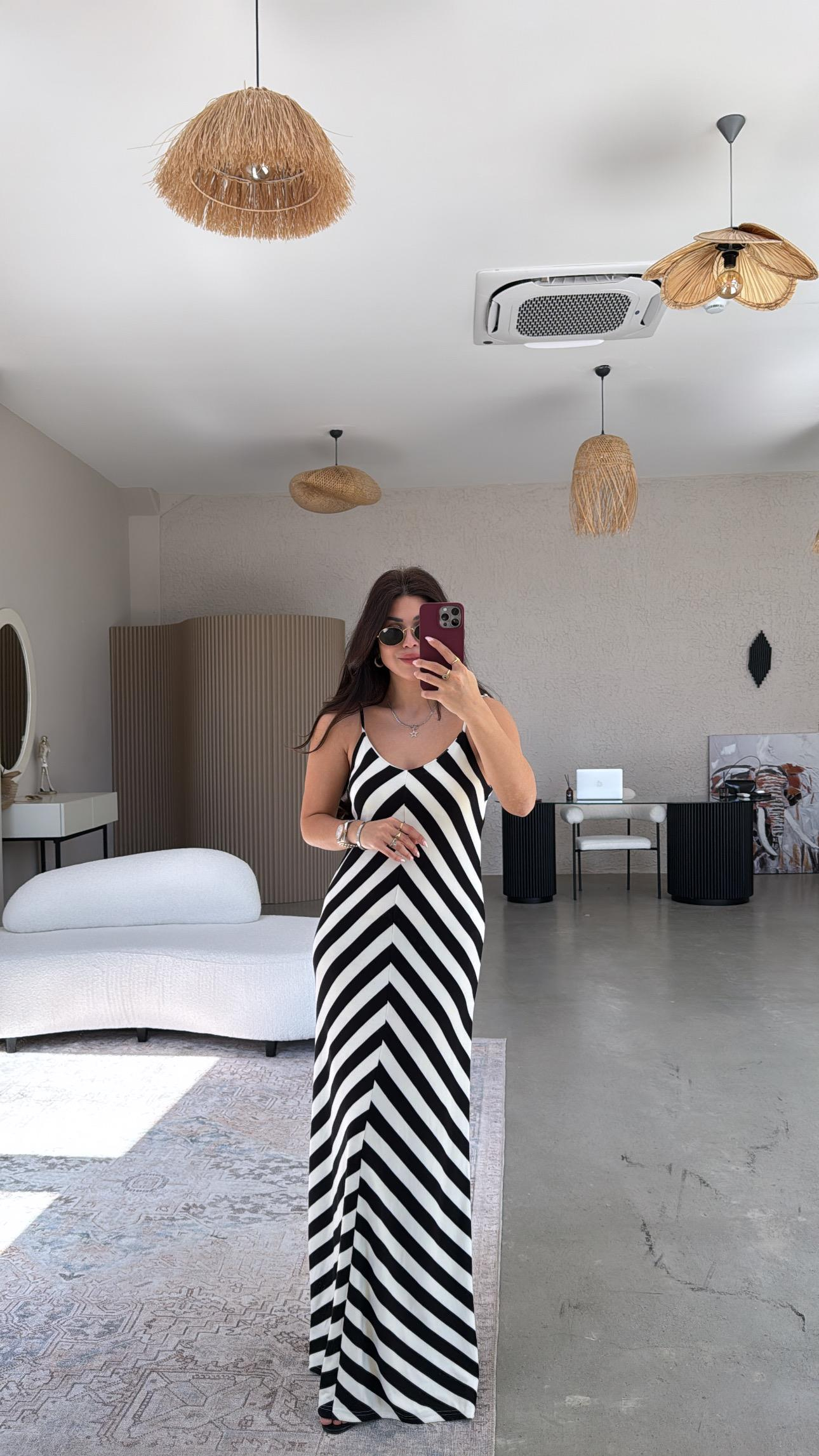 Siyah Şeritli Modal İp Askılı Elbise