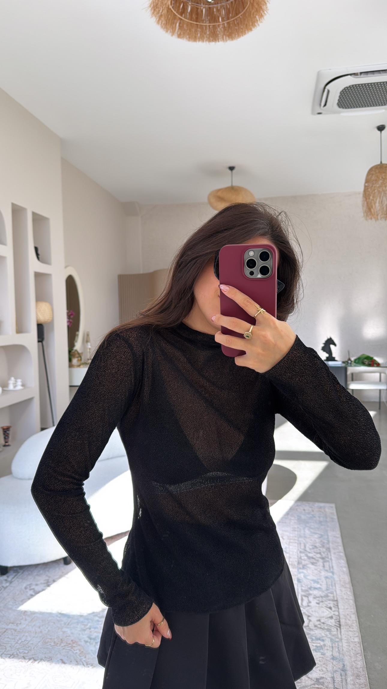 Siyah Simli Transparan Bluz