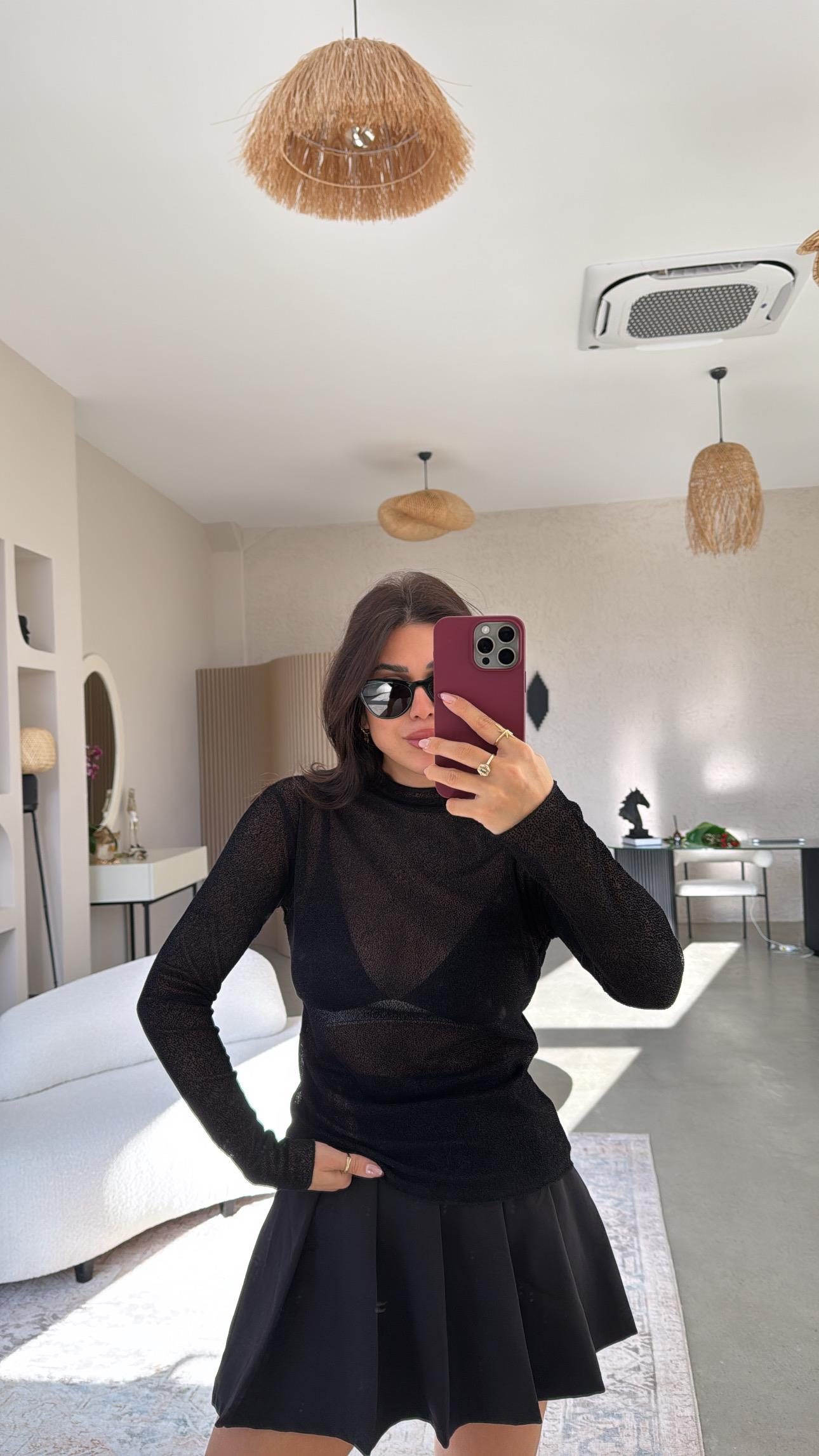 Siyah Simli Transparan Bluz