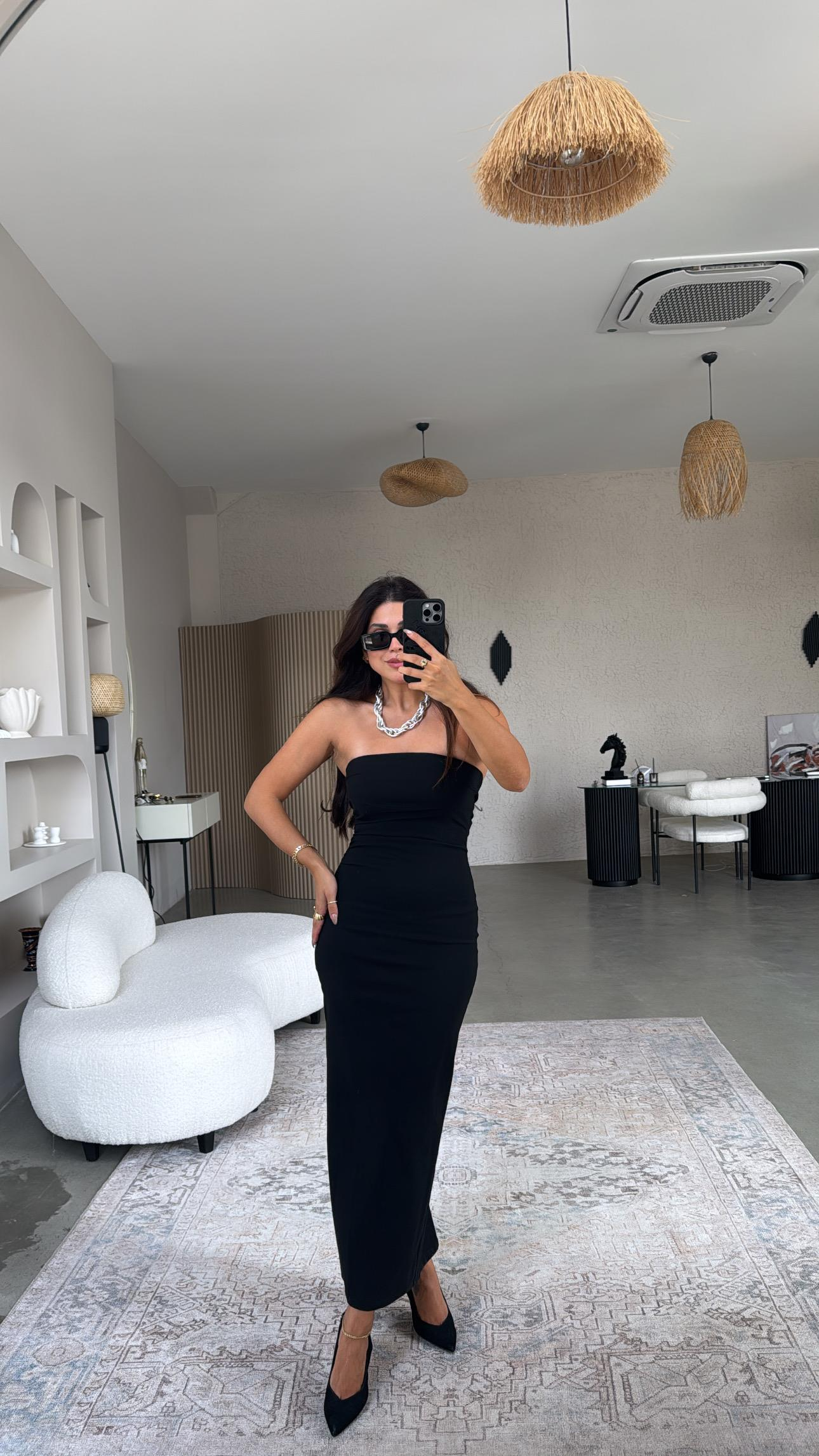 Siyah Straplez Midi Boy Streç Kalem Elbise