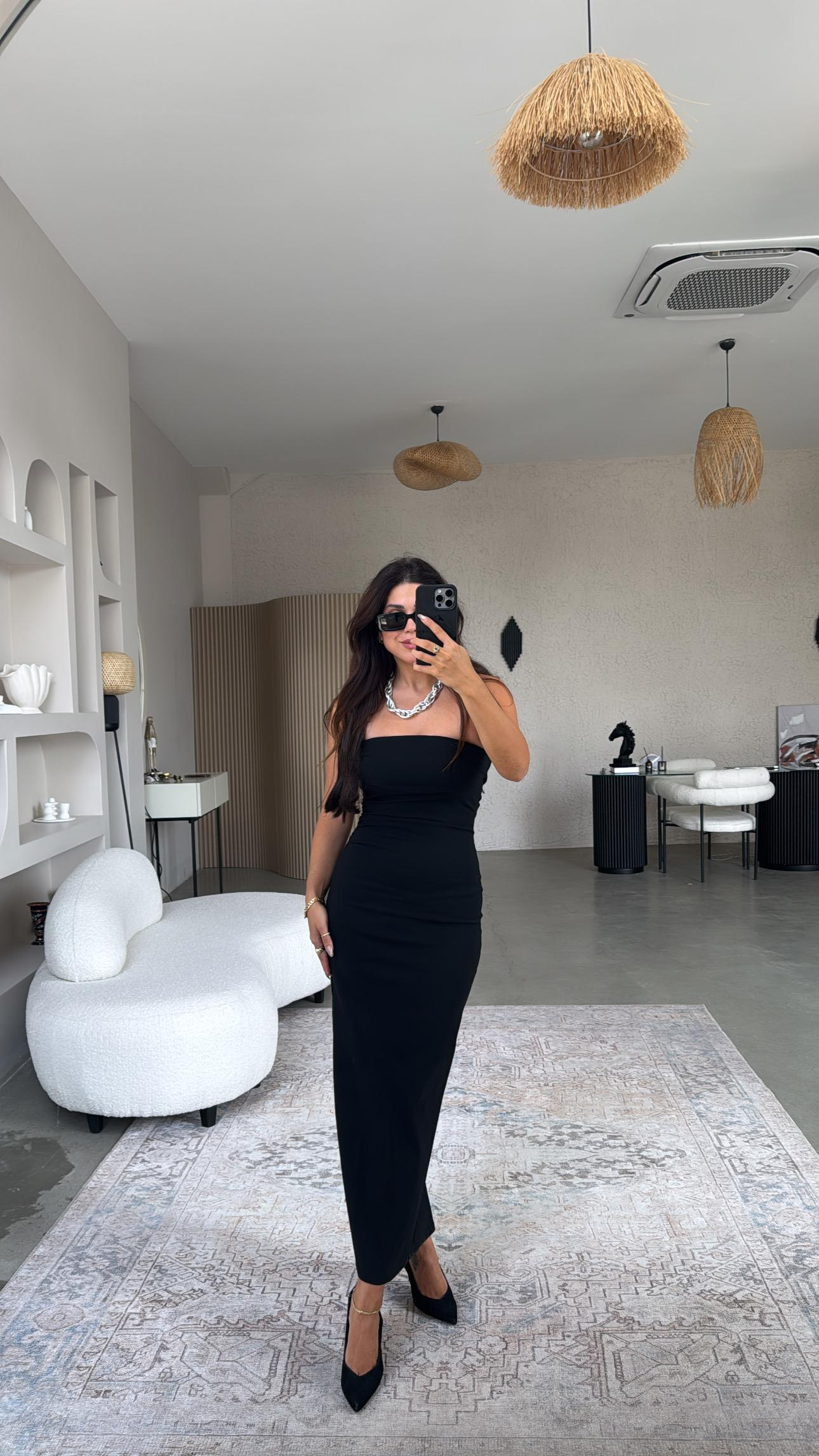 Siyah Straplez Midi Boy Streç Kalem Elbise