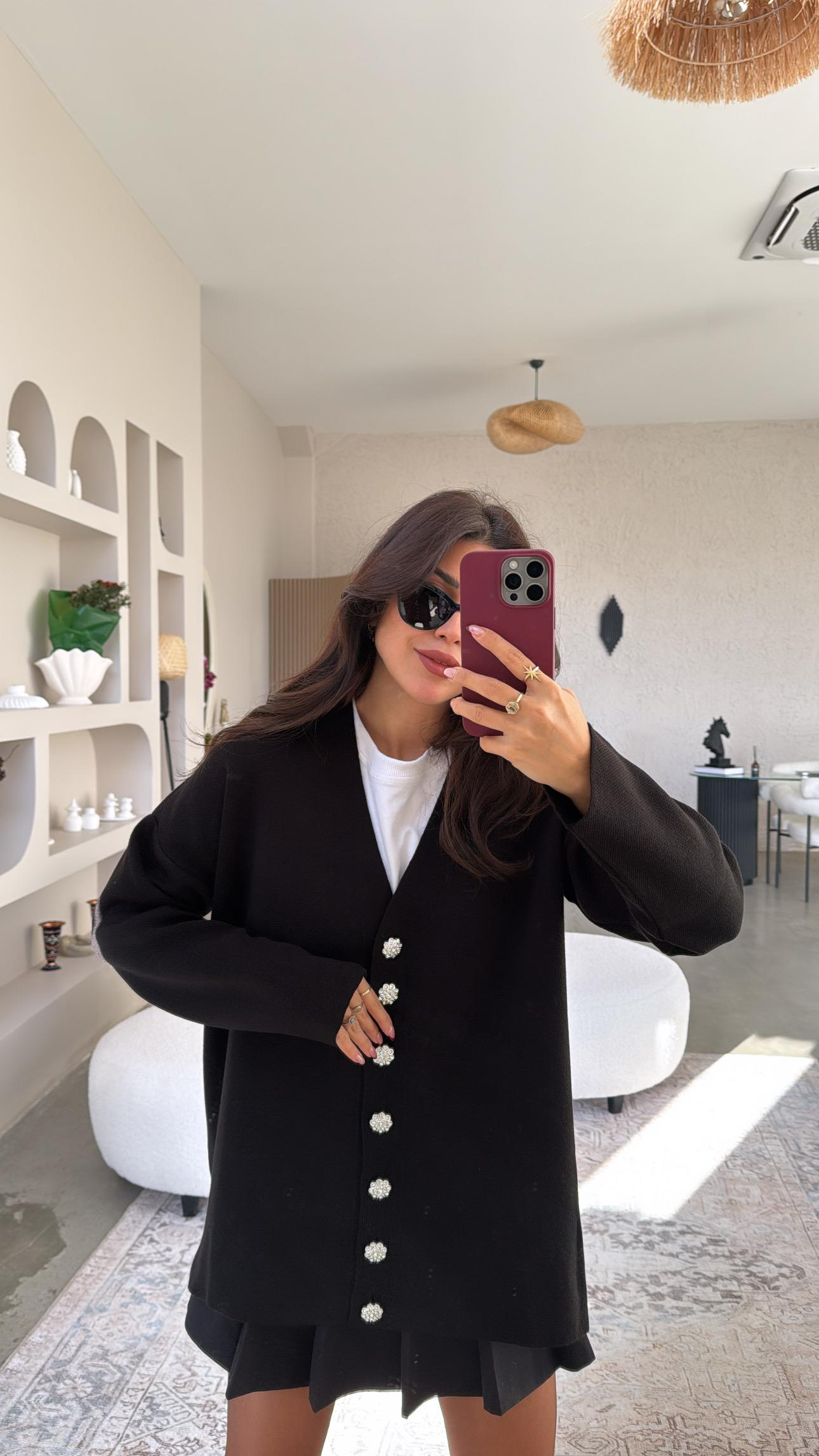 Siyah Taş Düğmeli Oversize Hırka