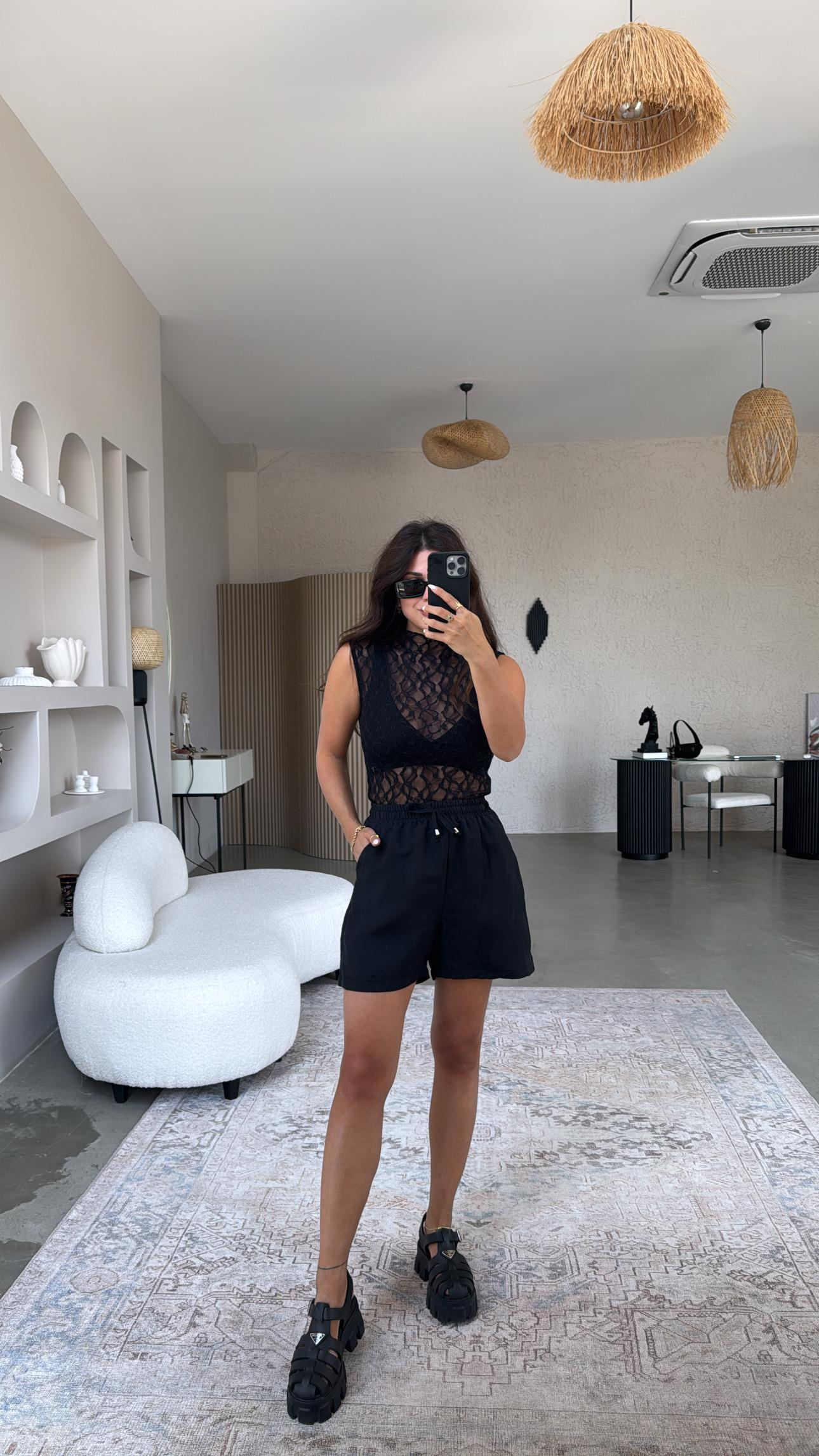 Siyah Tensel Basic Şort