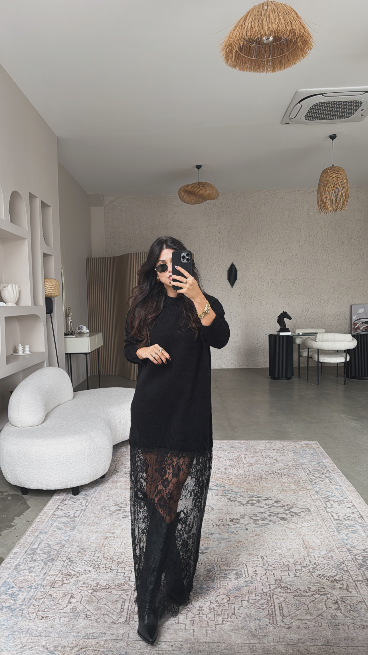 Siyah Triko Dantelli Maxi Boy Elbise