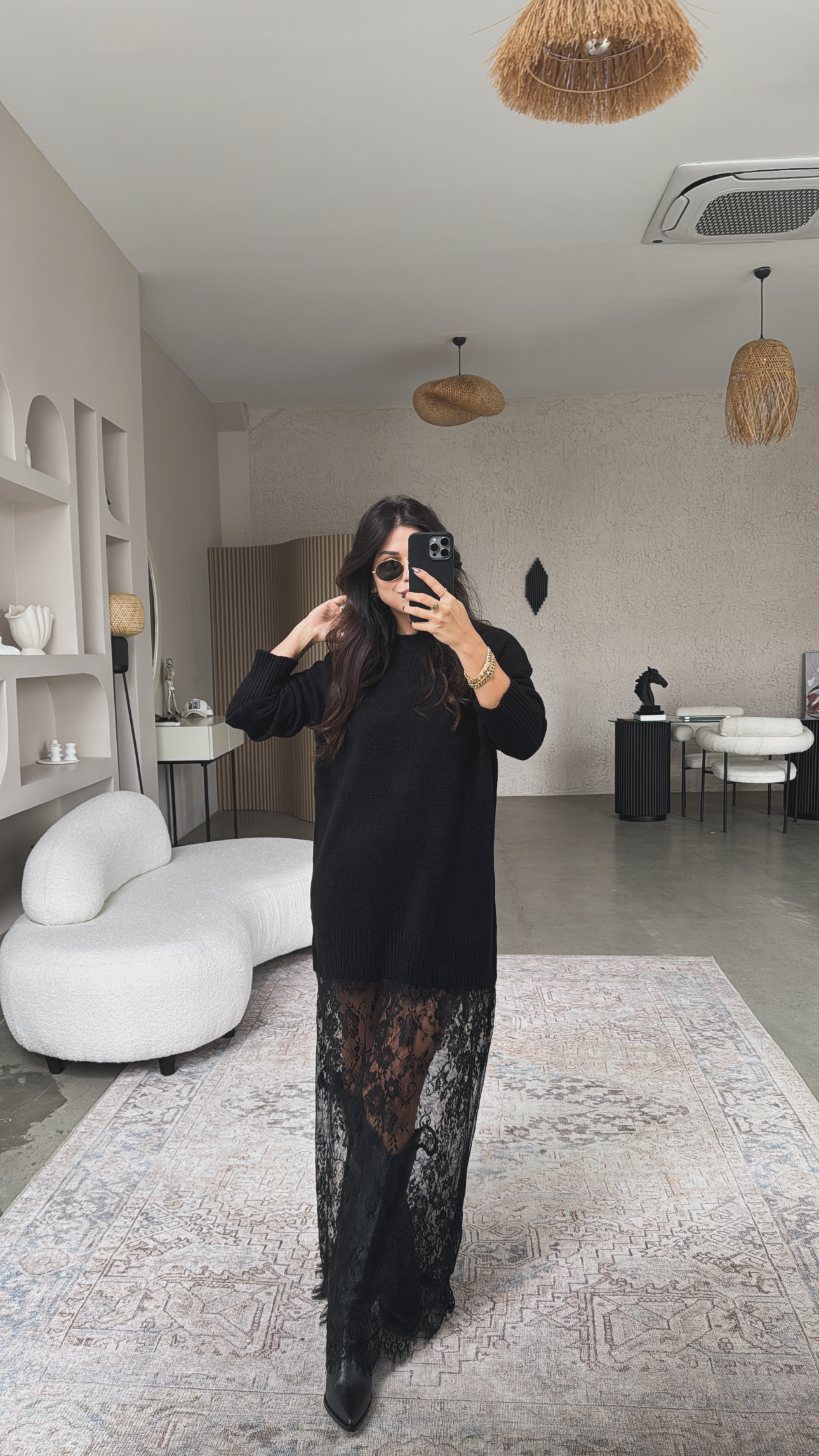 Siyah Triko Dantelli Maxi Boy Elbise