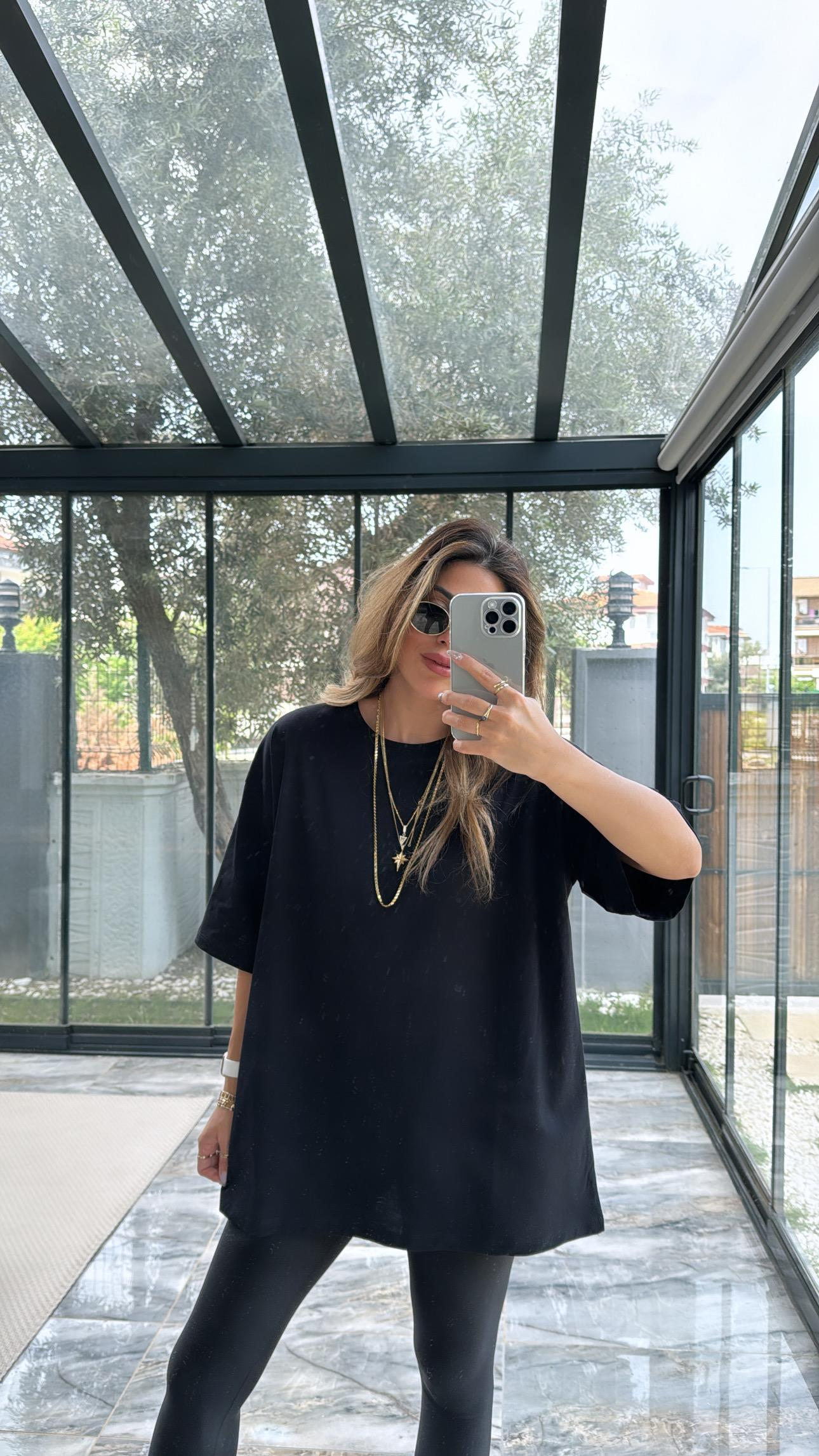 Siyah Uzun Truvakar Kol Basic Salaş Tshirt