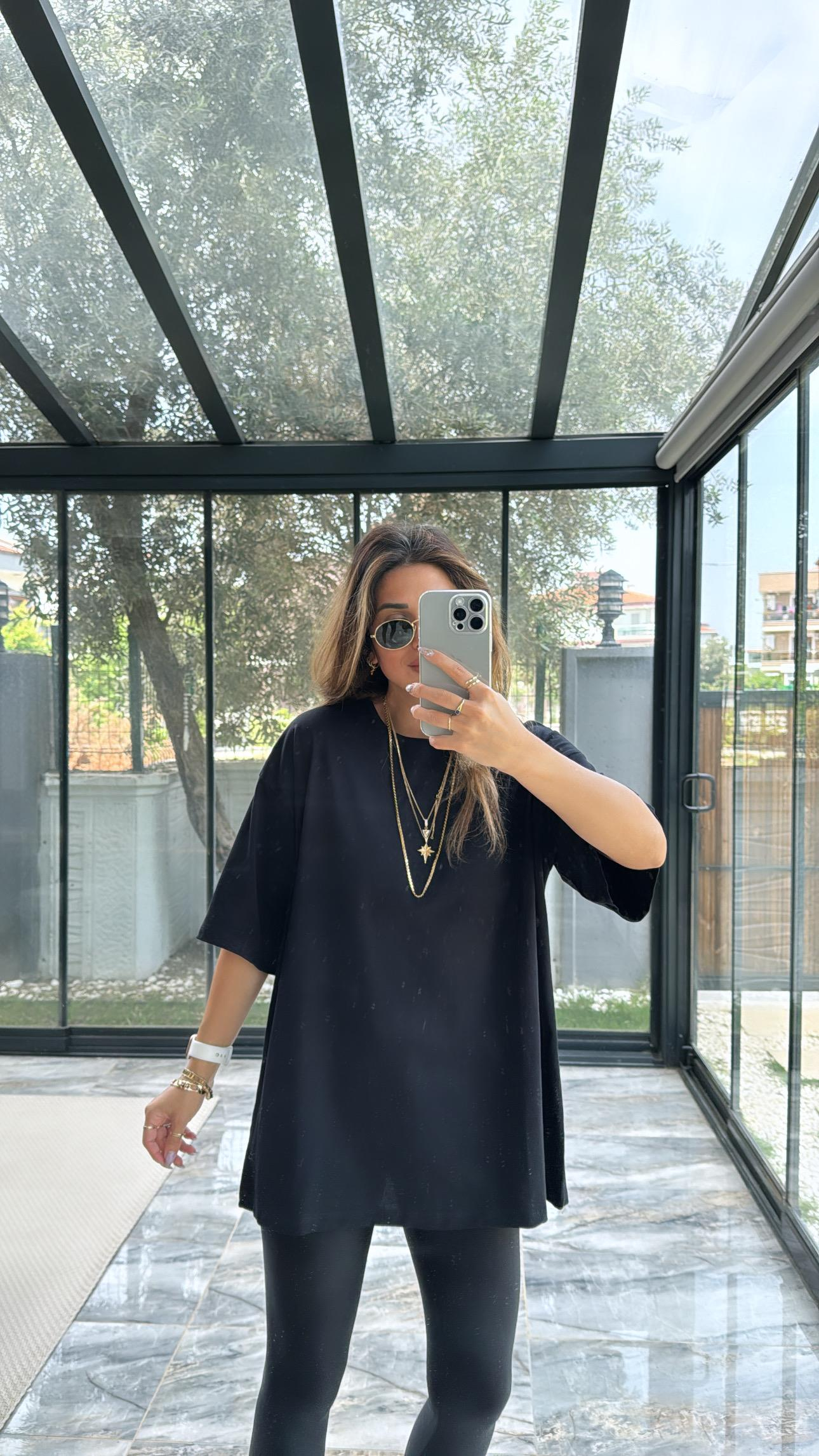 Siyah Uzun Truvakar Kol Basic Salaş Tshirt