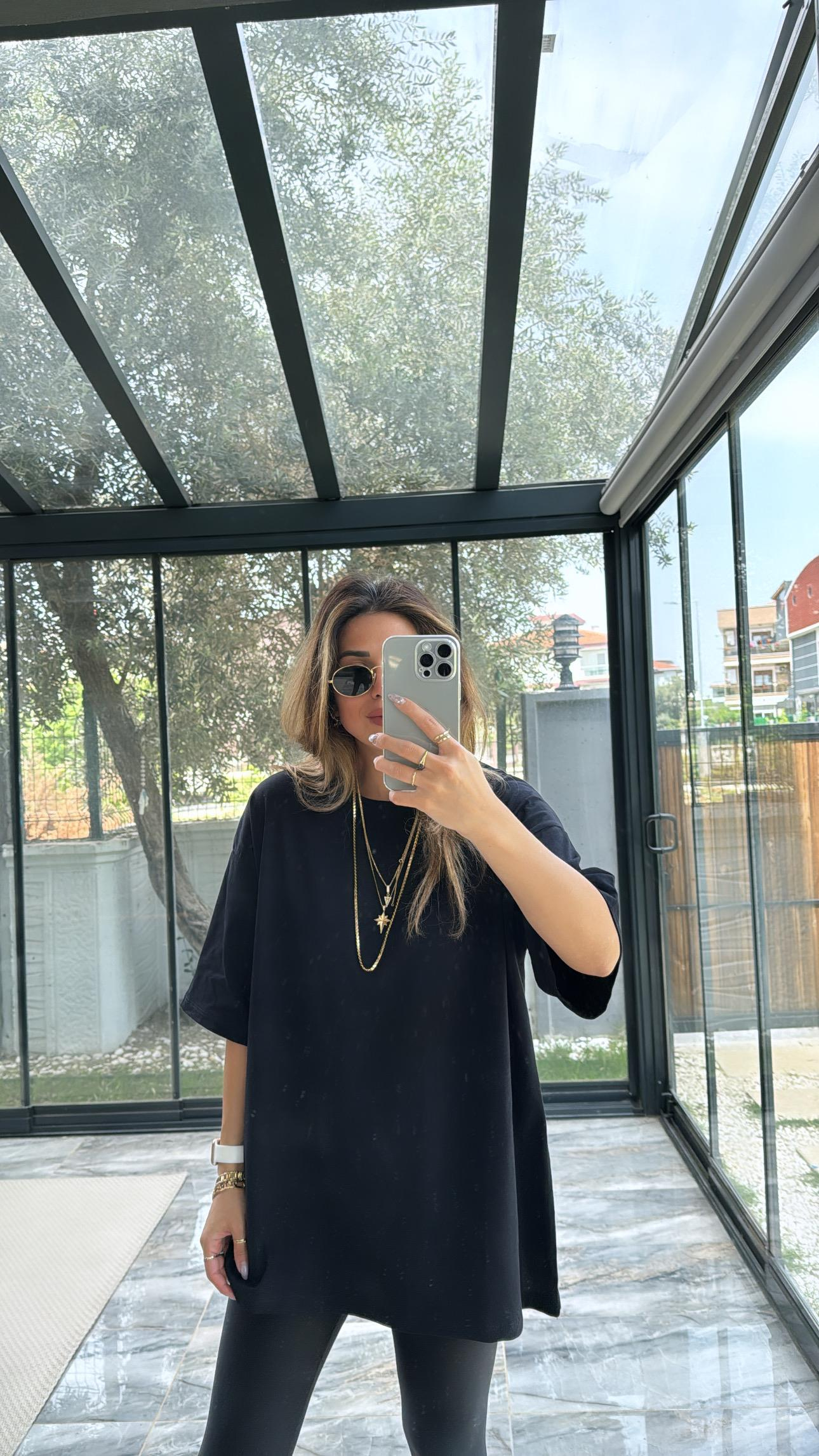 Siyah Uzun Truvakar Kol Basic Salaş Tshirt