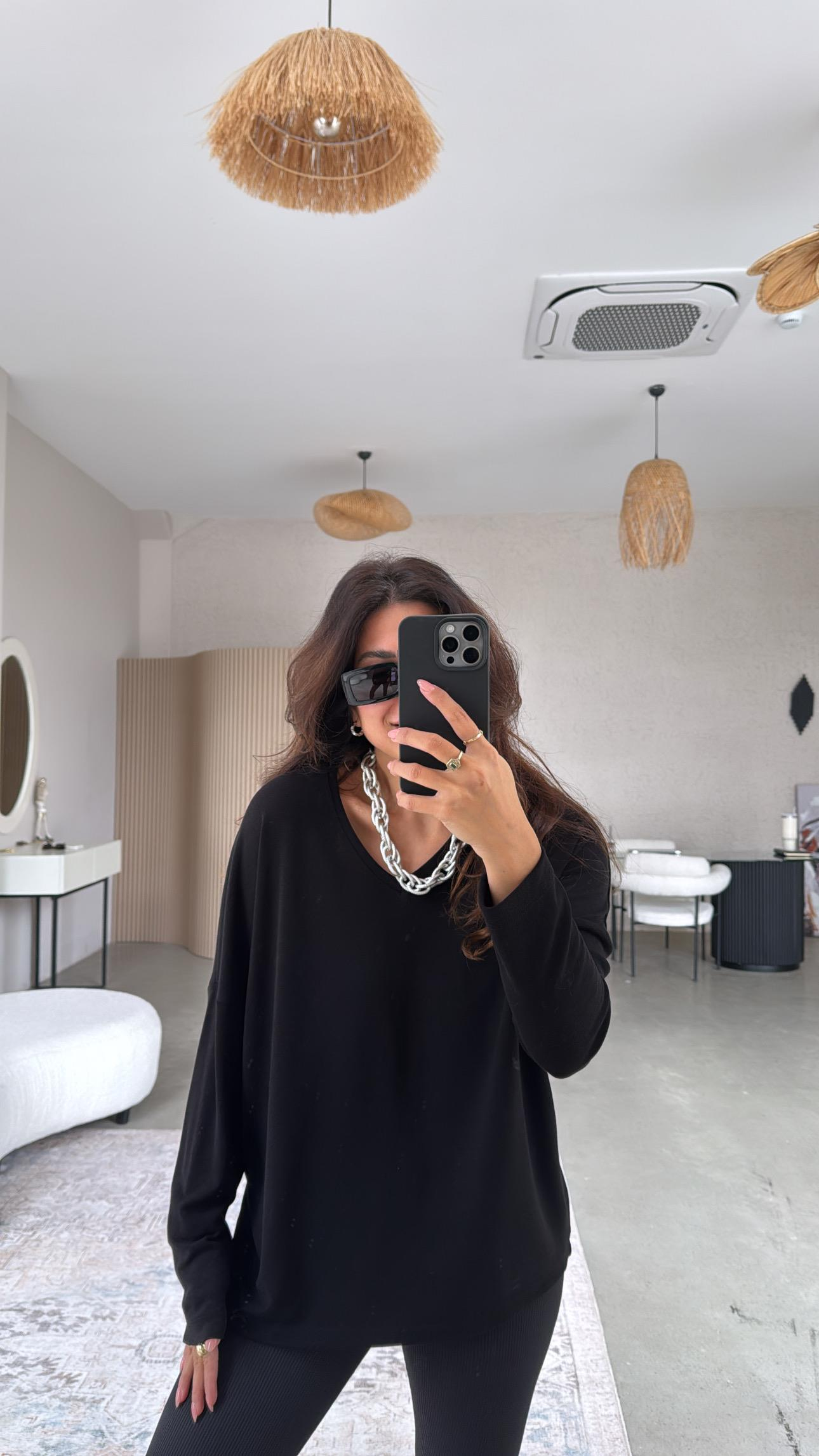 Siyah V Yaka Basic İnce Triko Bluz