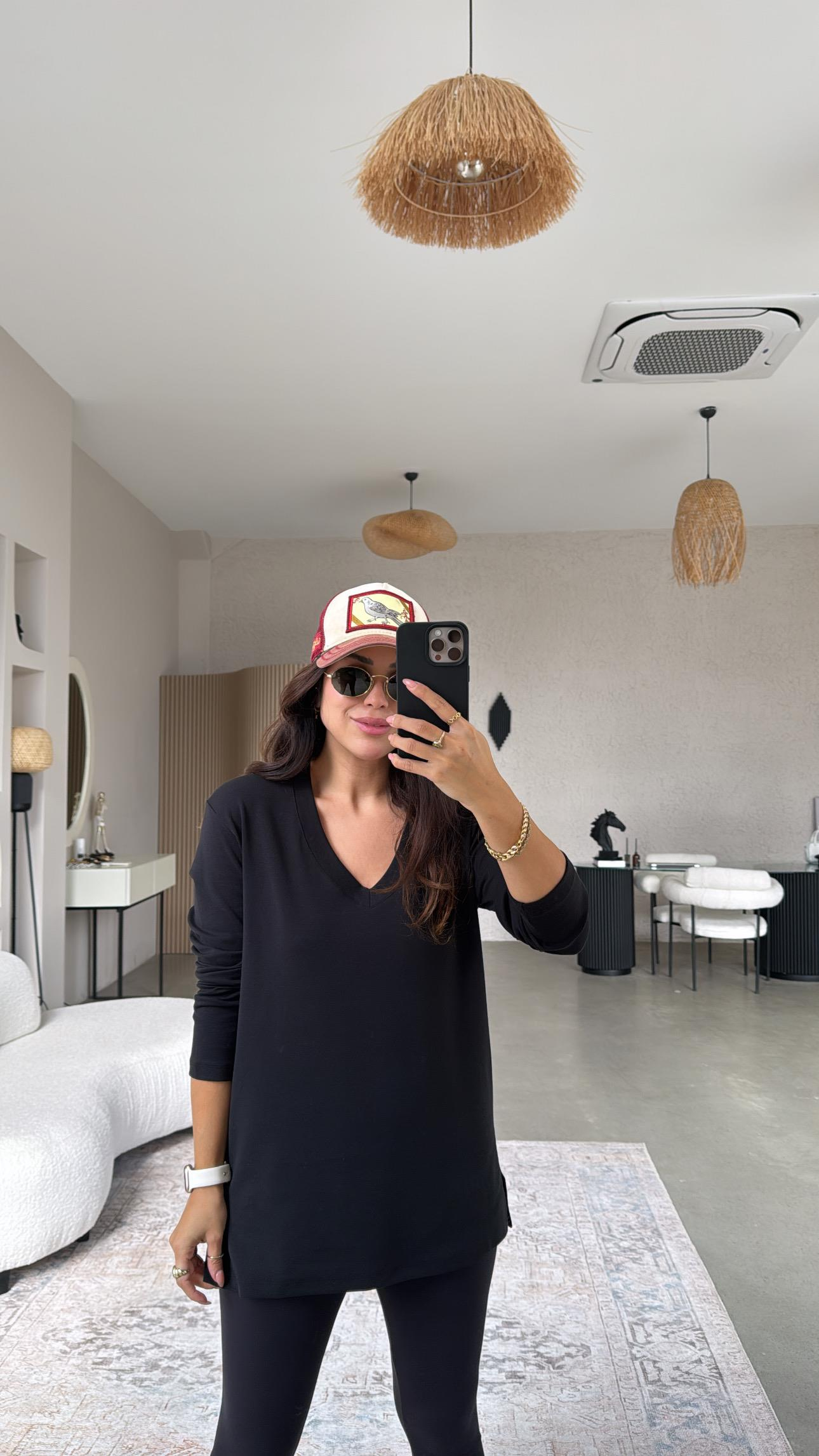 Siyah V Yaka Uzun Kol Pamuk Basic